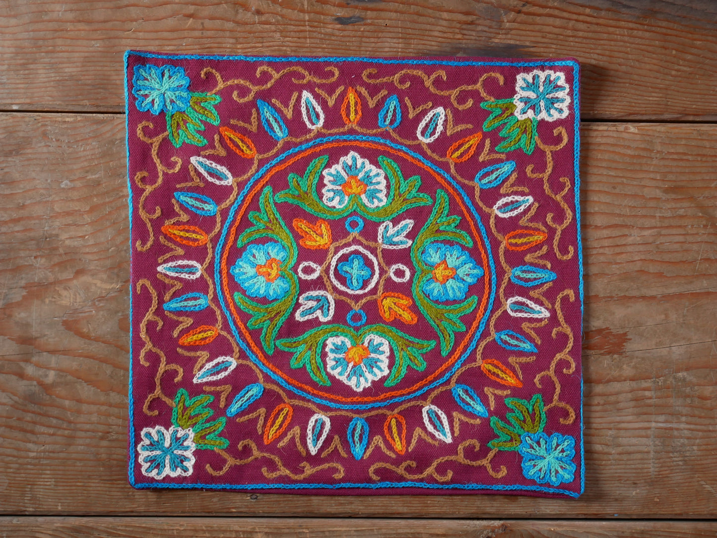 Colorful Kashmiri Crewel Pillow Covers: Handcrafted by Artisans  16x16 inches