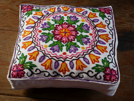 Embroidered floor cushion cover | boho throw pillow "Mountain Flower" | meditation cushion from Kashmir Cover only