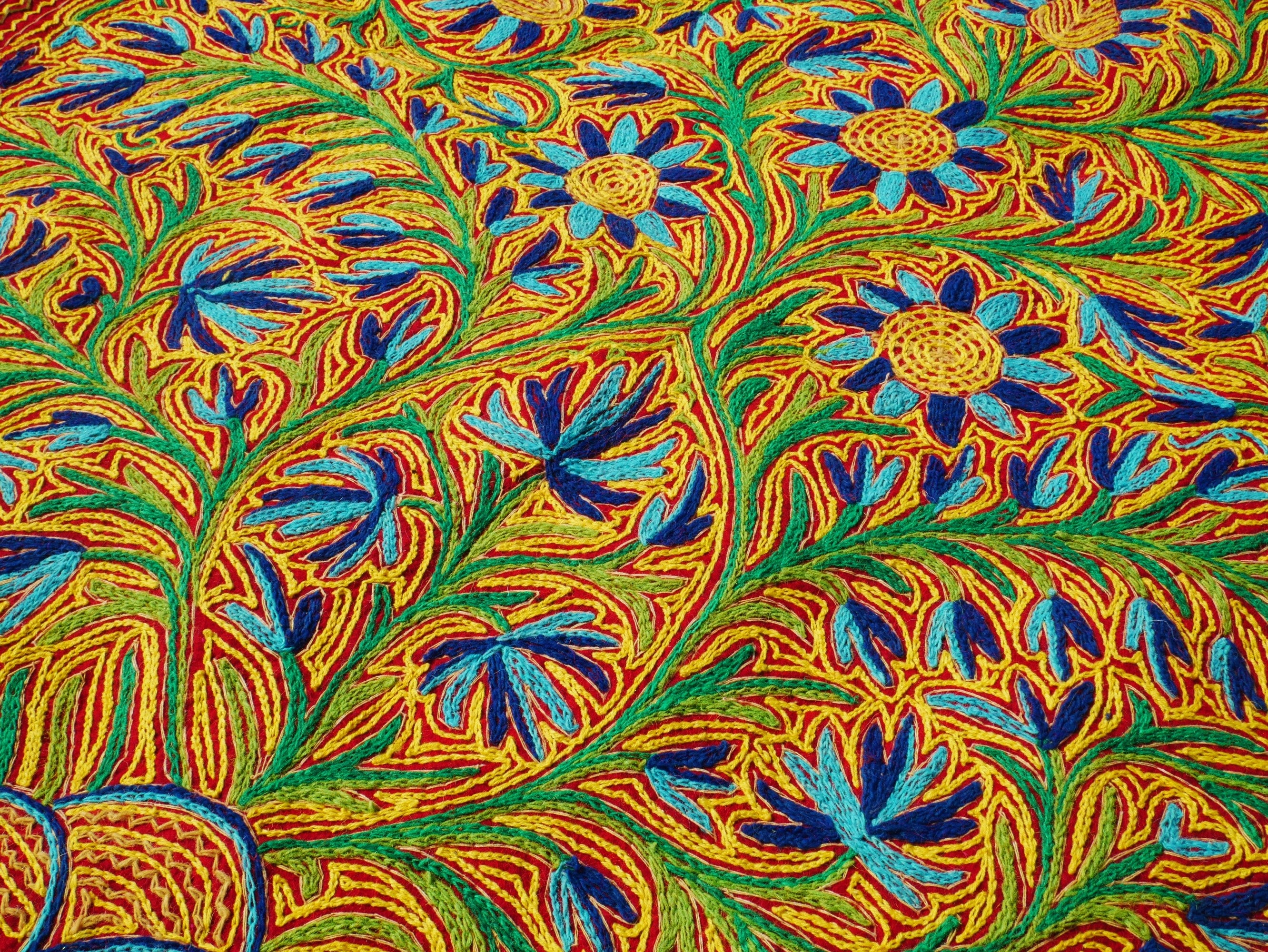 Alfombra Namda Artesanal de 5 pies | Lana Fieltrada a Mano y Bordada | Alfombra Redonda Boho de Cachemira