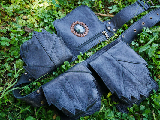 4 Pocket "Leaves" Gemstone Belt Bag: Handmade Leather with Unique Charm