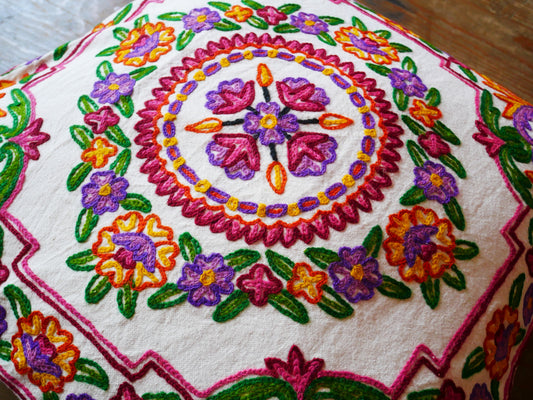 Kashmiri large pillow "Shanti" 24" cushion cover | For floor seating spaces hand embroidered - Cover only