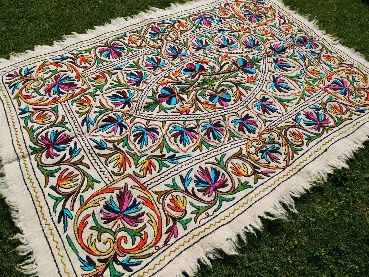 Hand-Felted Kashmiri “Namda” Wool Rug 7x5 | Floral Embroidery on Felt