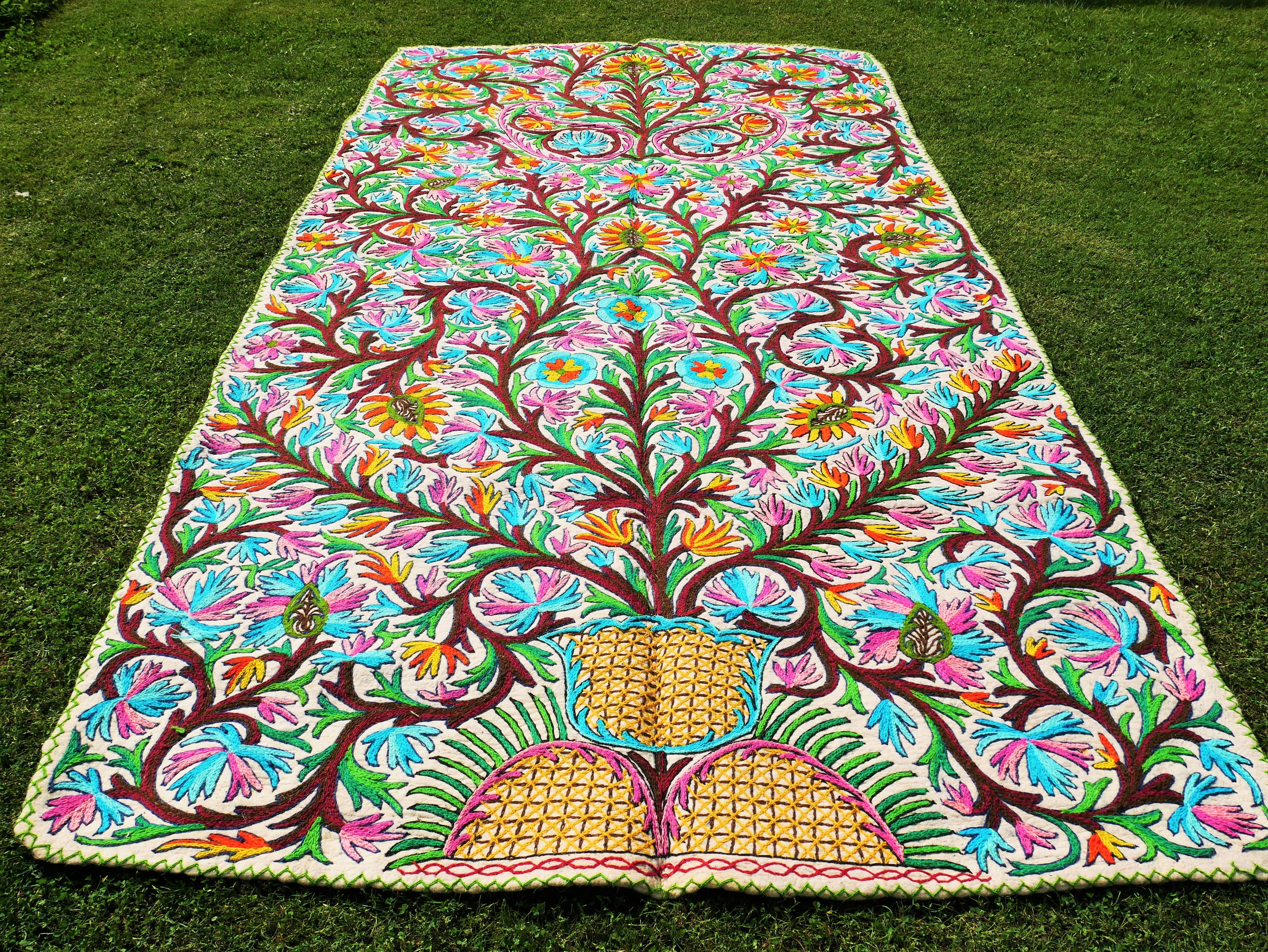 Hand felted and embroidered Namda 6x12' | boho area rug - colorful Kashmiri floor rug | Himalayan wool - Flower Tree of life Design - The Shanti Home