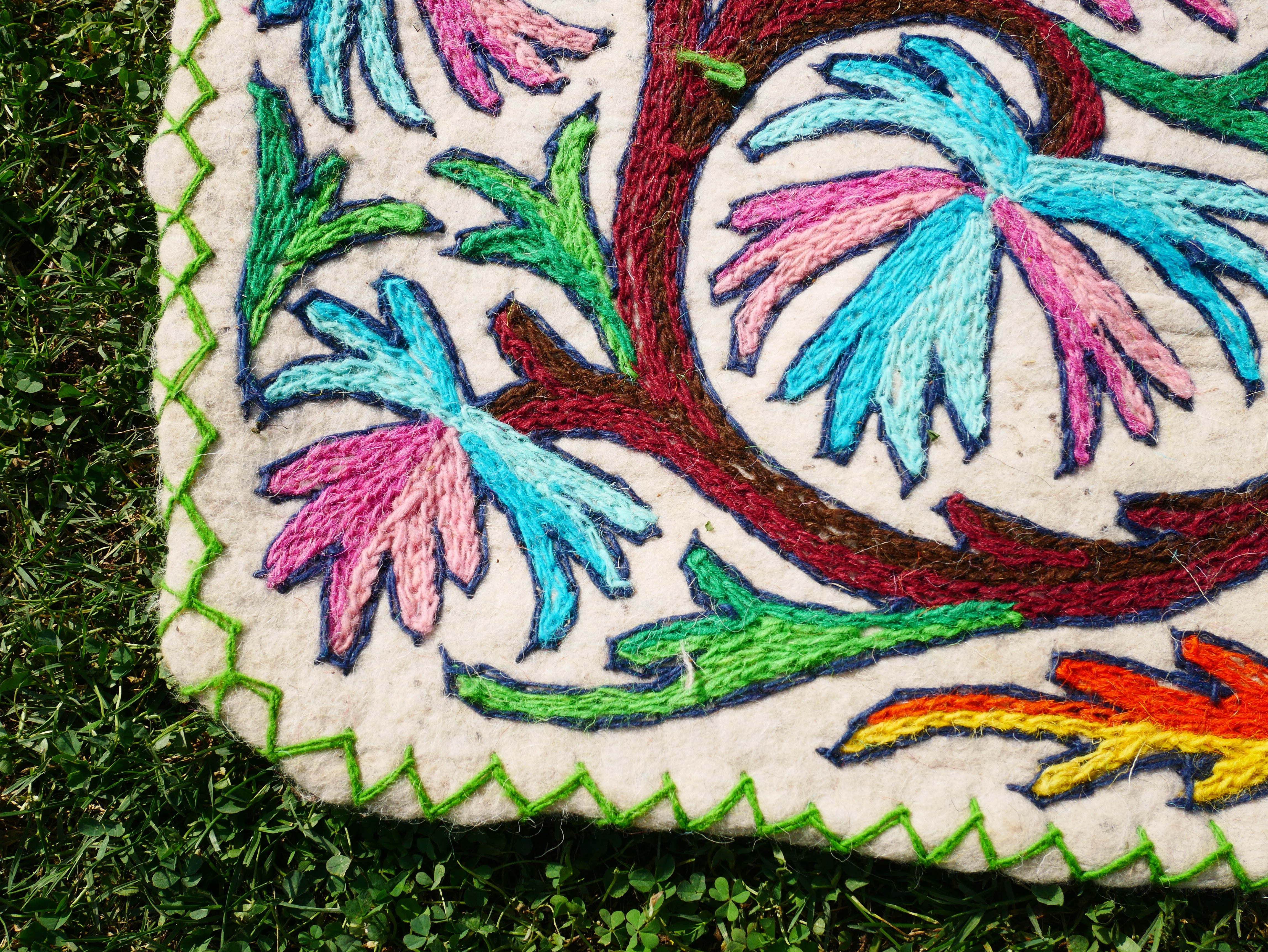 Hand felted and embroidered Namda 6x12' | boho area rug - colorful Kashmiri floor rug | Himalayan wool - Flower Tree of life Design - The Shanti Home