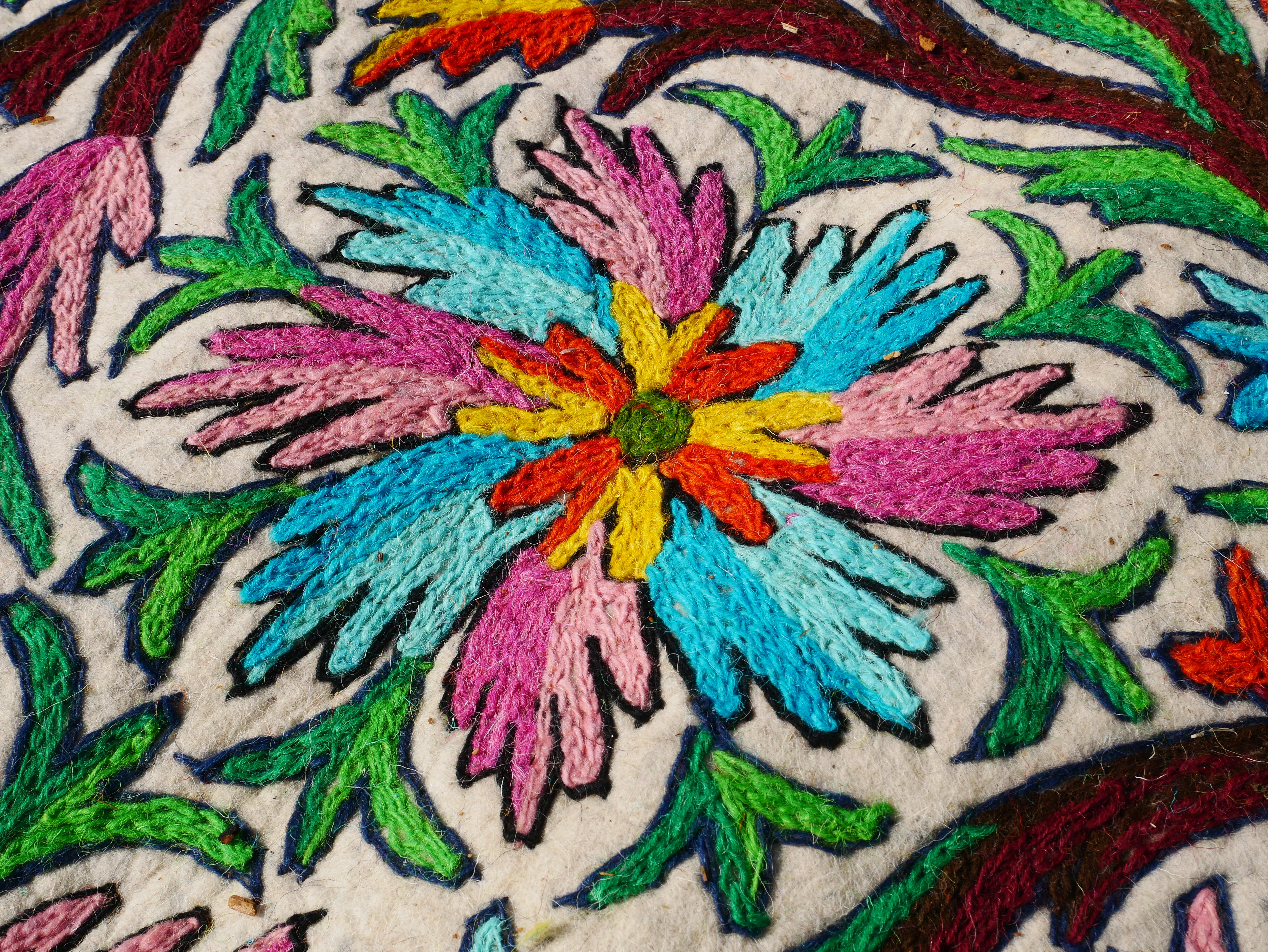 Hand felted and embroidered Namda 6x12' | boho area rug - colorful Kashmiri floor rug | Himalayan wool - Flower Tree of life Design - The Shanti Home