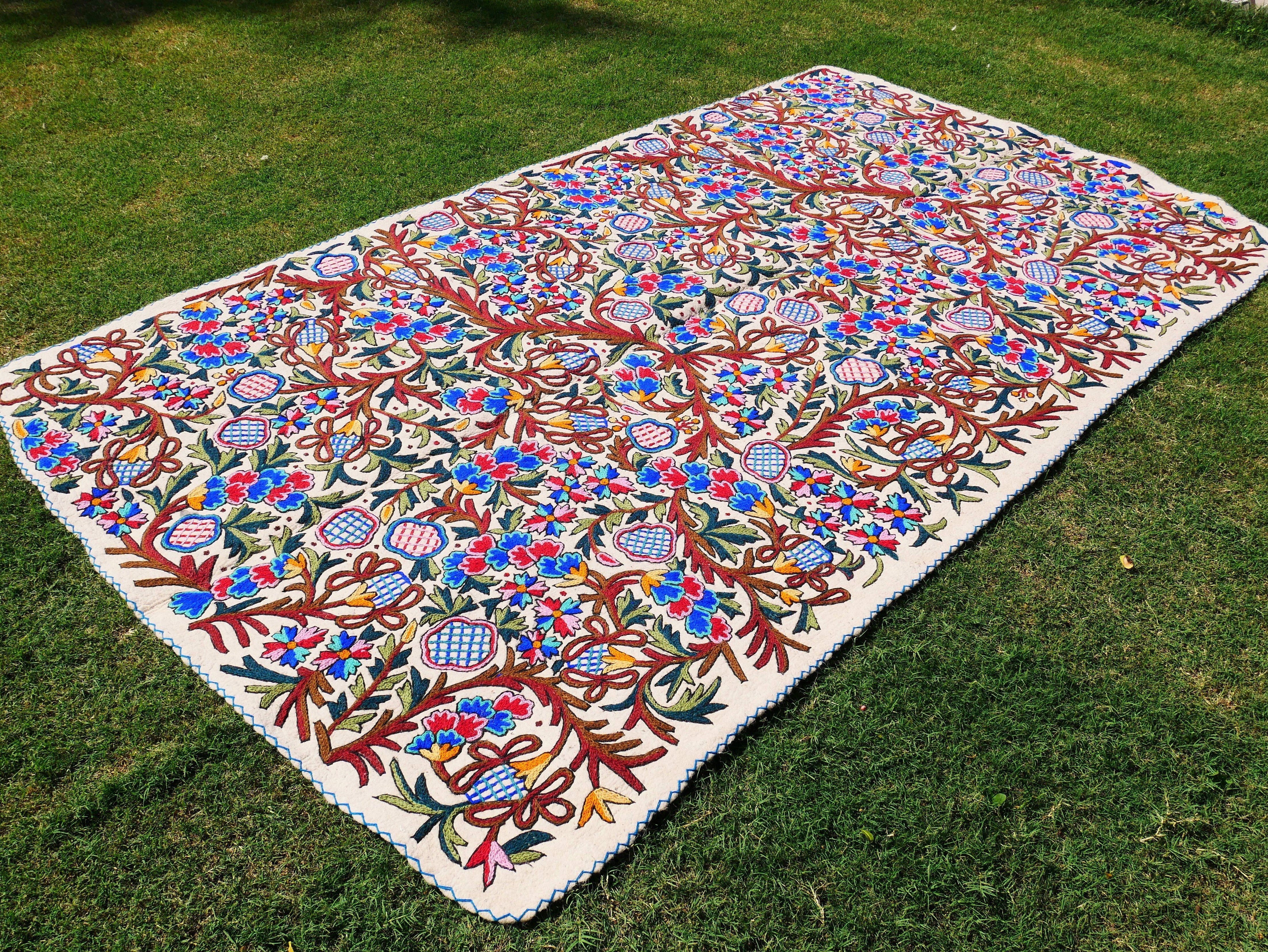 Kashmiri wool rug - Large floral rug 6x10' hand felted Namda | boho area rug - Indian floor rug | traditional embroidery | bohemian bedroom - The Shanti Home