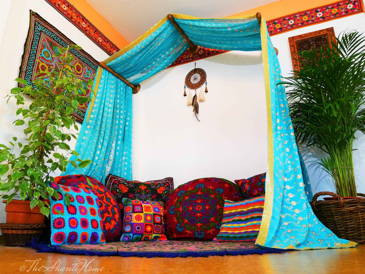 Saree Bed canopy - with handcrafted walnut wood rods and vintage Indian sarees