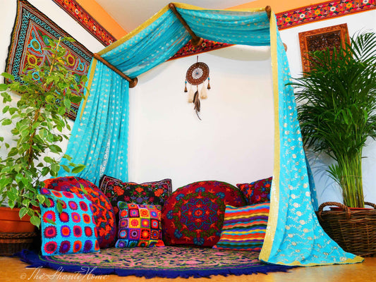 Saree Bed canopy - with handcrafted walnut wood rods and vintage Indian sarees