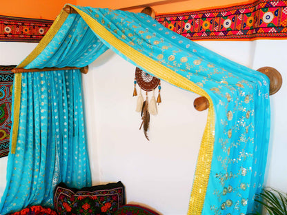 Saree Bed canopy - with handcrafted walnut wood rods and vintage Indian sarees