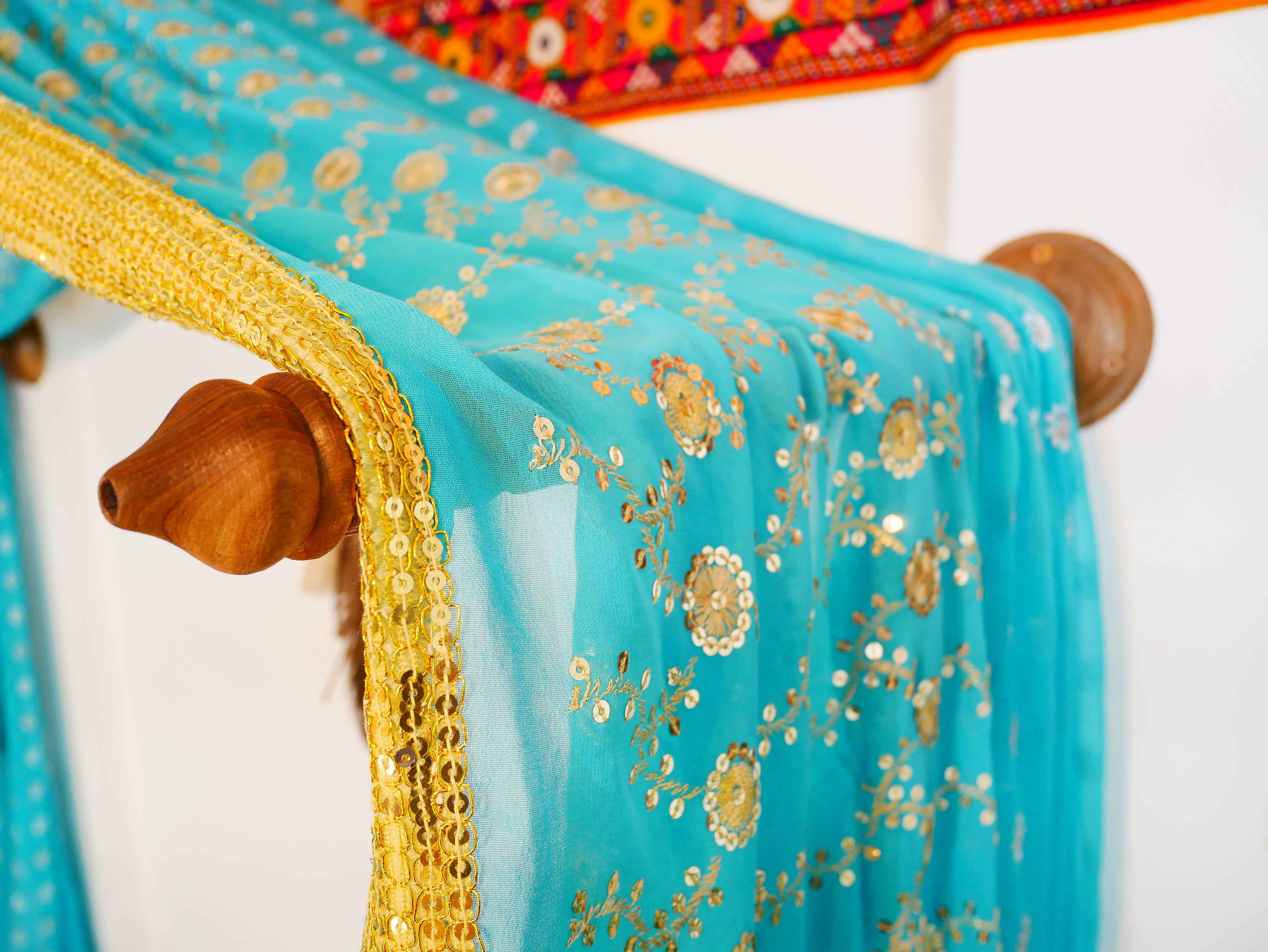 Saree Bed canopy - with handcrafted walnut wood rods and vintage Indian sarees