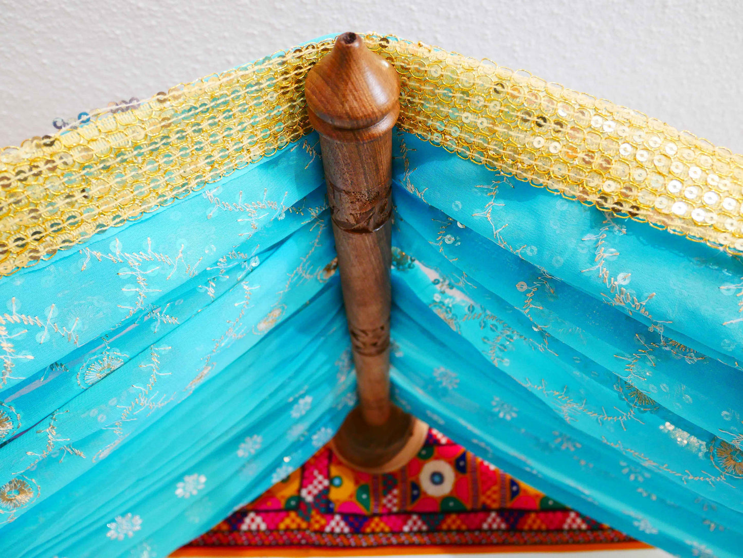 Saree Bed canopy - with handcrafted walnut wood rods and vintage Indian sarees