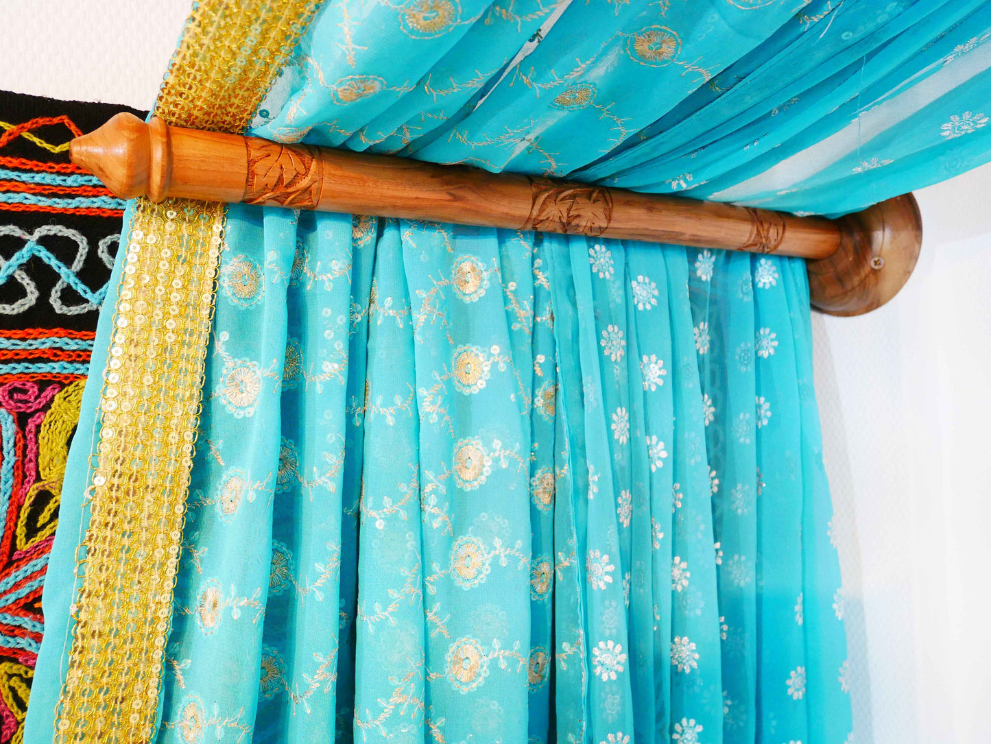 Saree Bed canopy - with handcrafted walnut wood rods and vintage Indian sarees