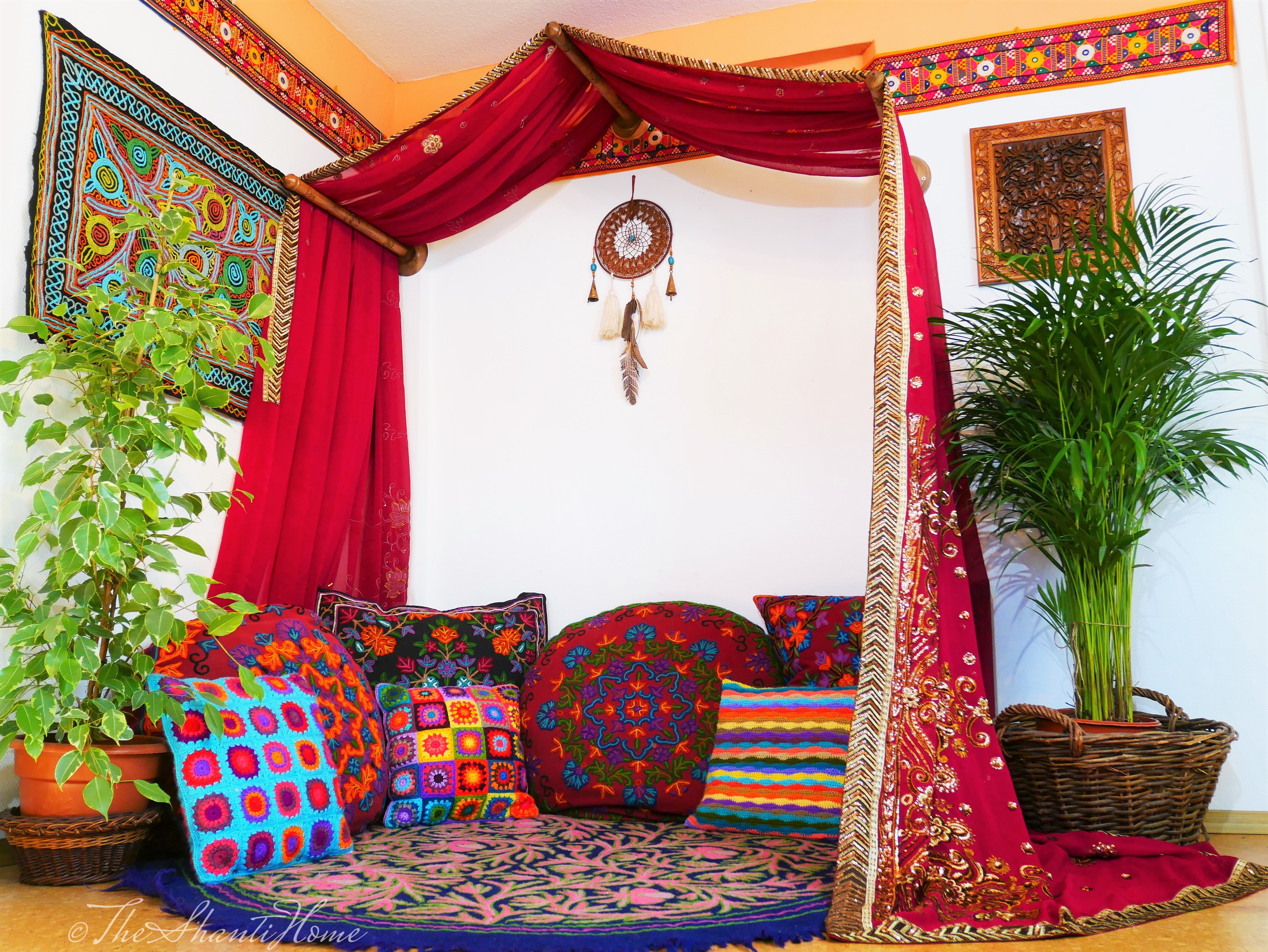 Princess bed canopy - custom made saree canopy frame with handcrafted walnut wood rods | bed curtains - meditation space - The Shanti Home