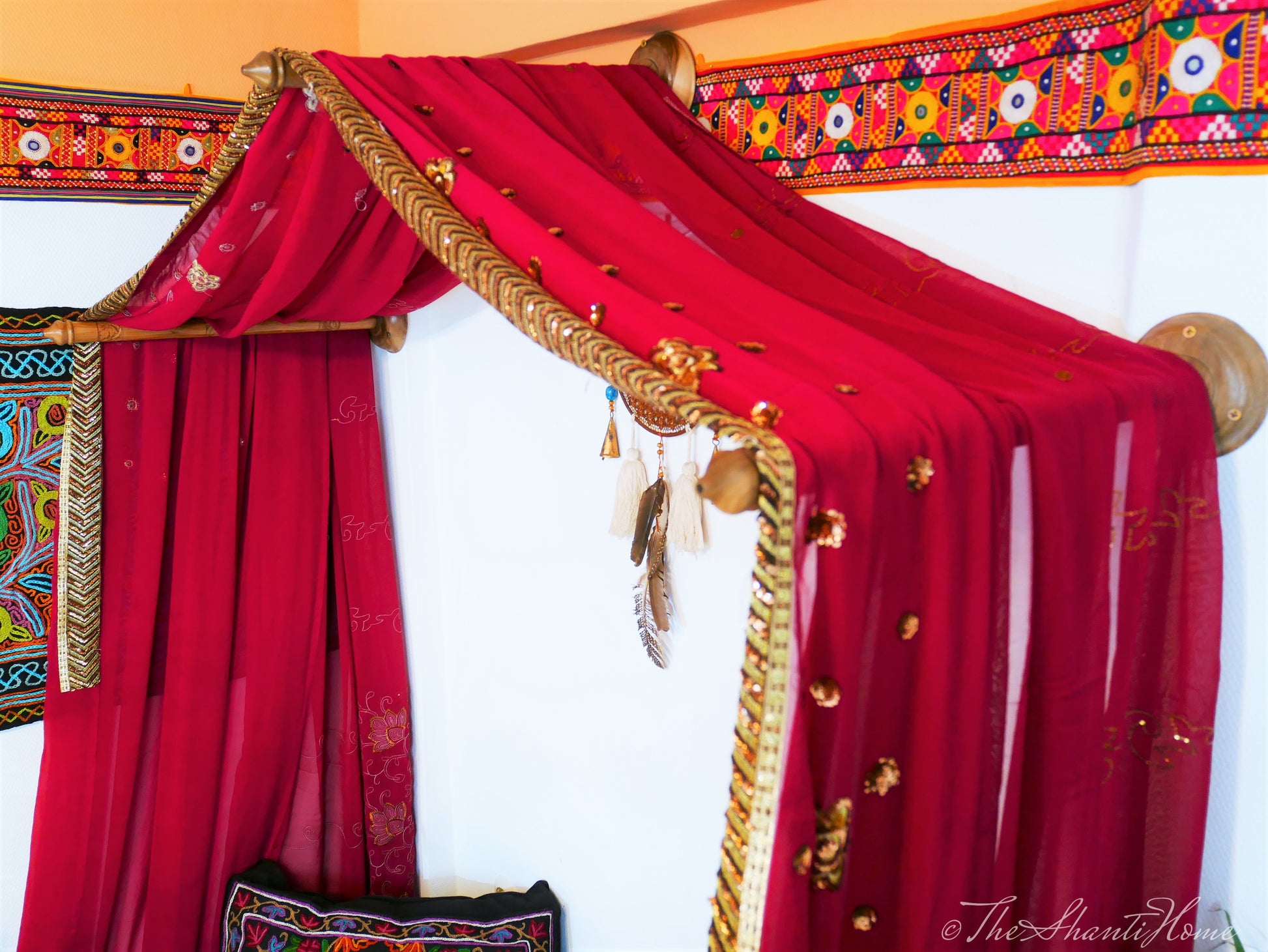 Princess bed canopy - custom made saree canopy frame with handcrafted walnut wood rods | bed curtains - meditation space - The Shanti Home