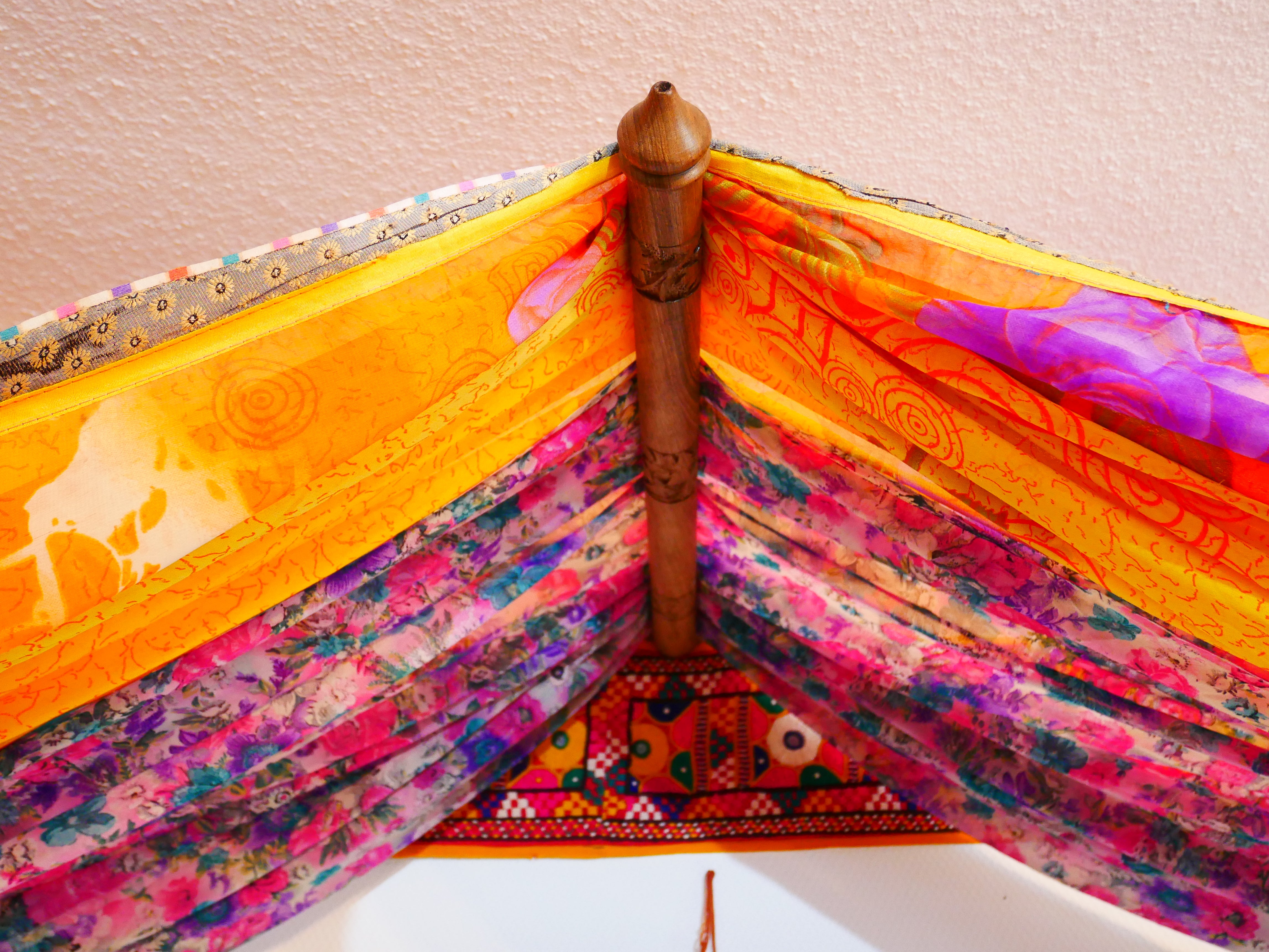 Boho bed canopy - custom made saree canopy frame with handcrafted walnut wood rods | bed curtains - meditation space - The Shanti Home