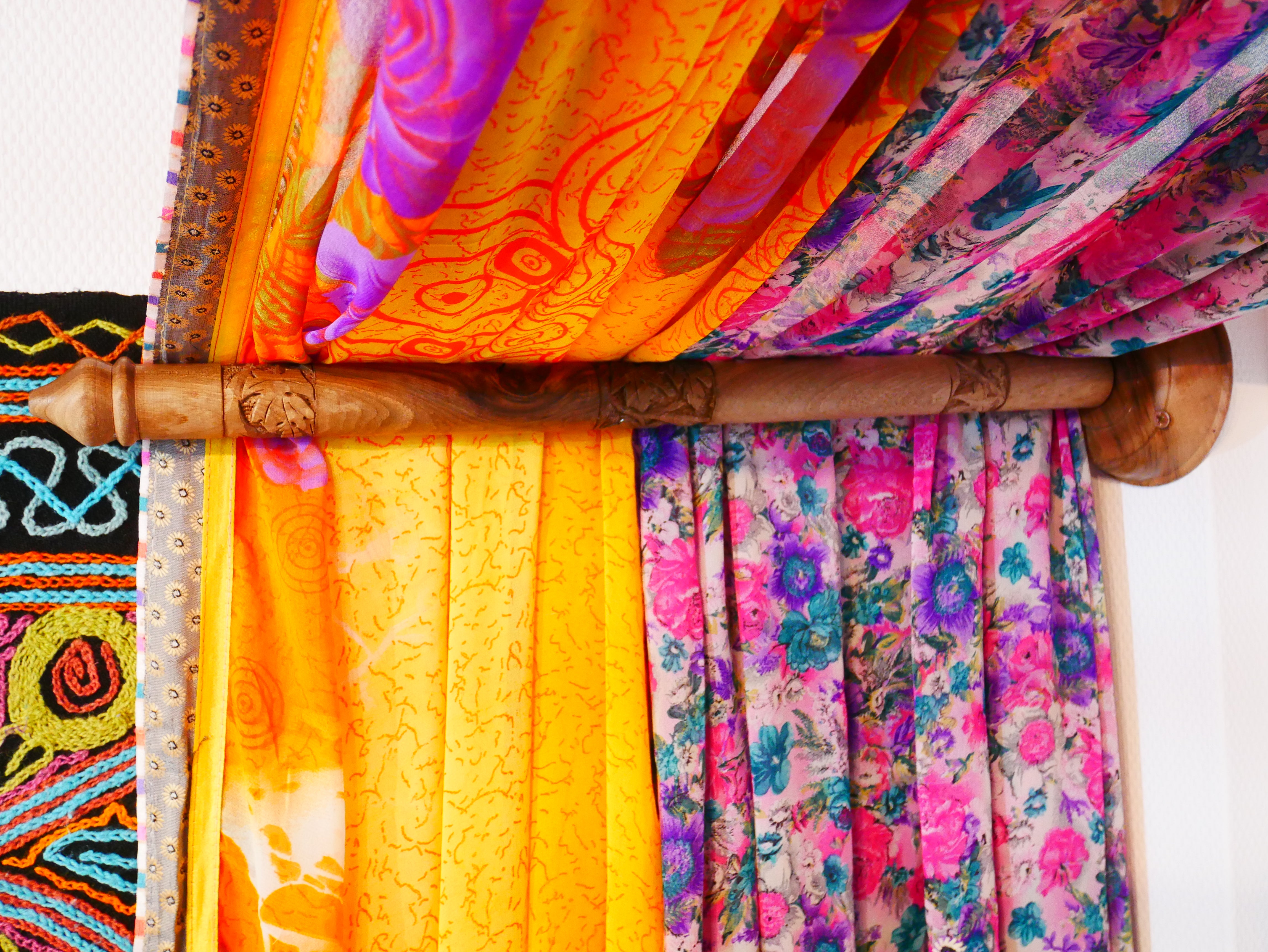 Boho bed canopy - custom made saree canopy frame with handcrafted walnut wood rods | bed curtains - meditation space - The Shanti Home