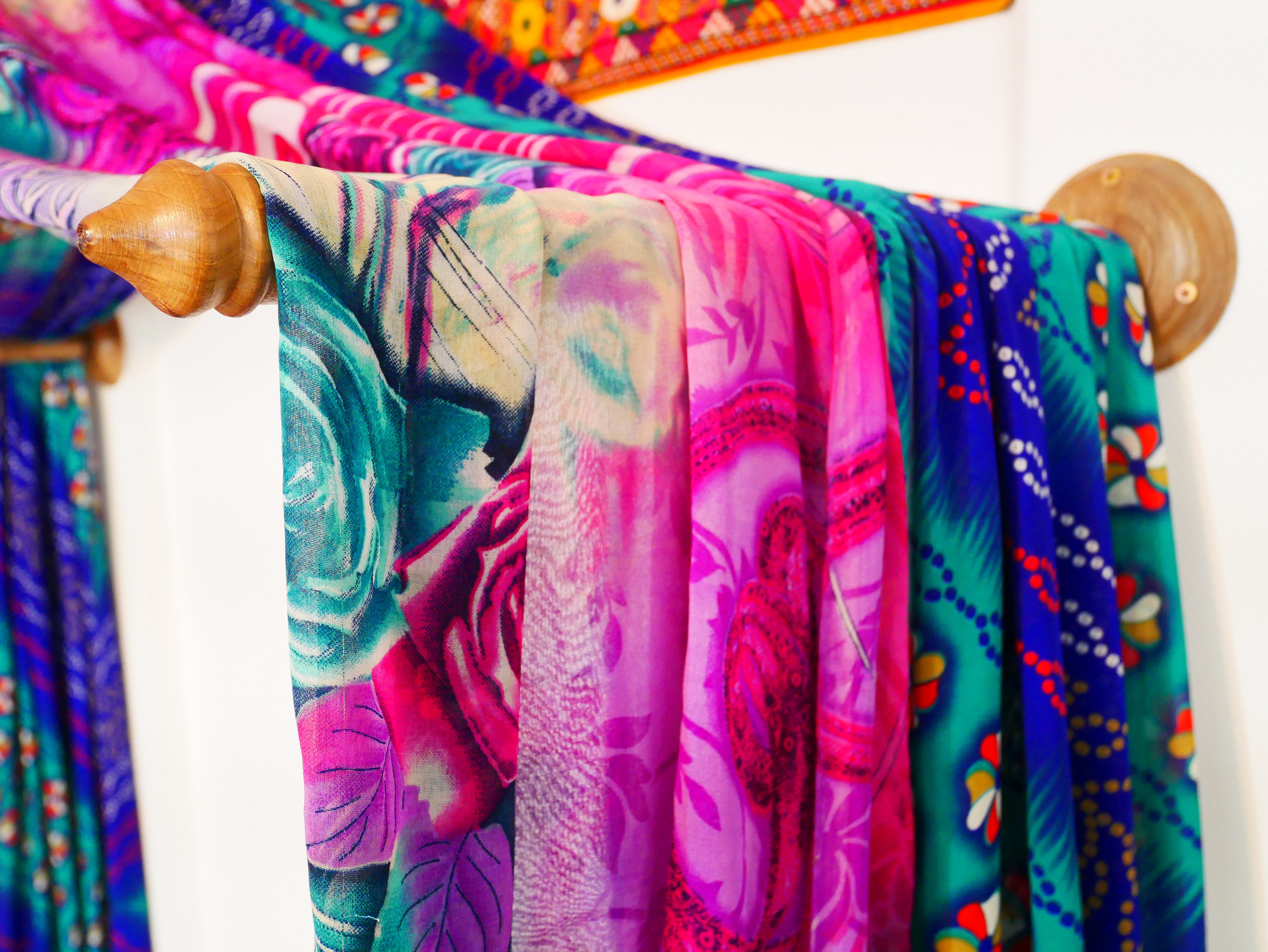 Boho bed canopy - custom made saree canopy frame with handcrafted walnut wood rods | bed curtains - meditation space - The Shanti Home