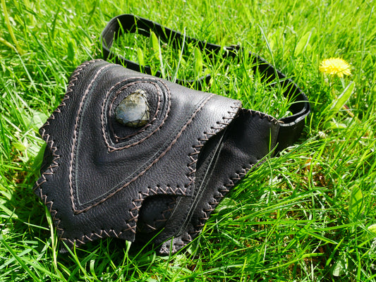 Handmade leather hip bag - waist bag with real gem stone and hook closure