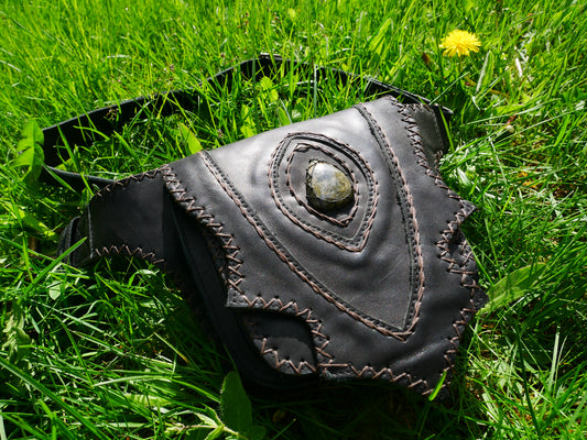 Handmade leather hip bag - waist bag with real gem stone and hook closure