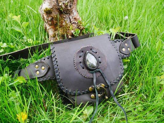 Black leather belt bag - waist bag with Labradorite stone and hook closure