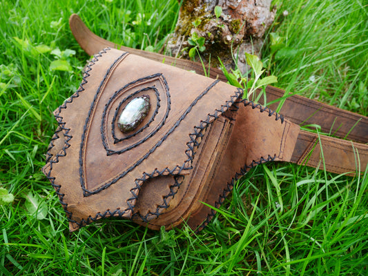 Handmade leather hip bag - waist bag with real gem stone and hook closure