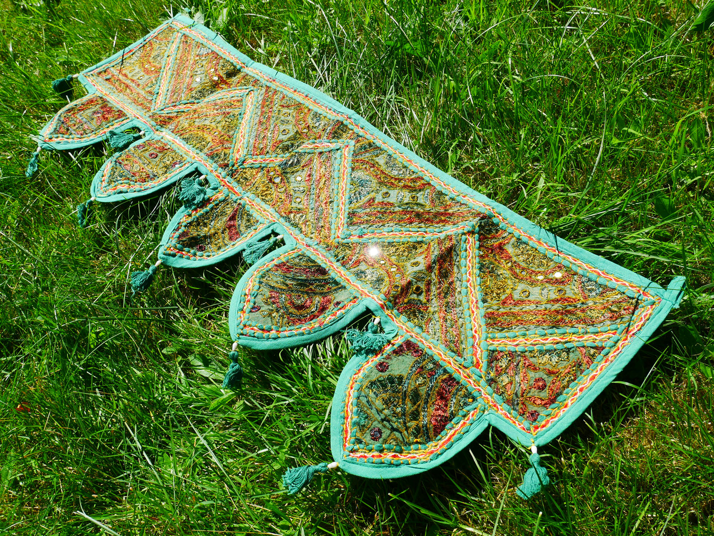Embroidery Toran - Indian door hanging - Boho window valance green