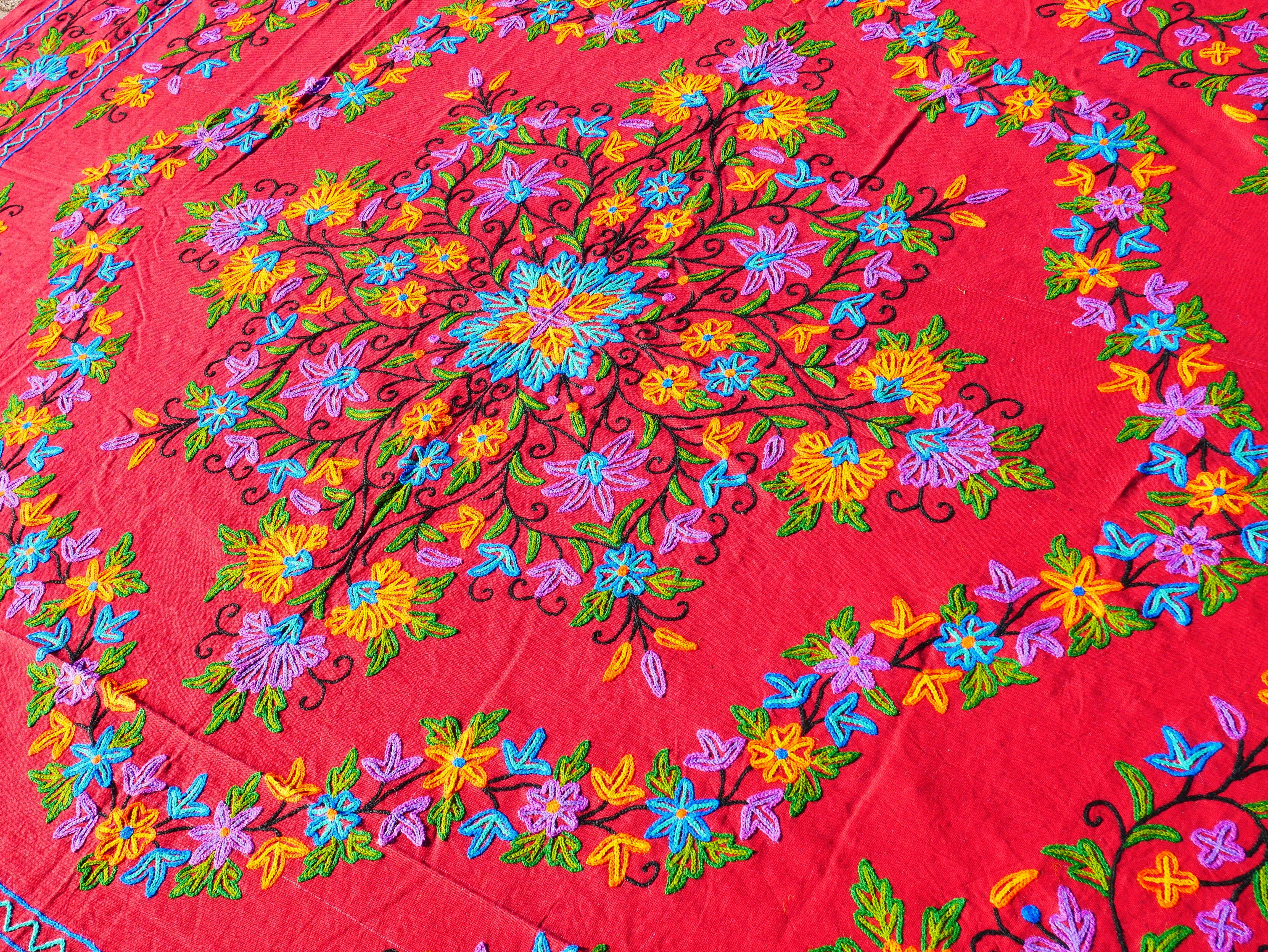 Boho bedding "Shanti Garden" luxury bed cover - hand embroidered queen bedspread - red cotton, floral embroidery -  bohemian throw - The Shanti Home