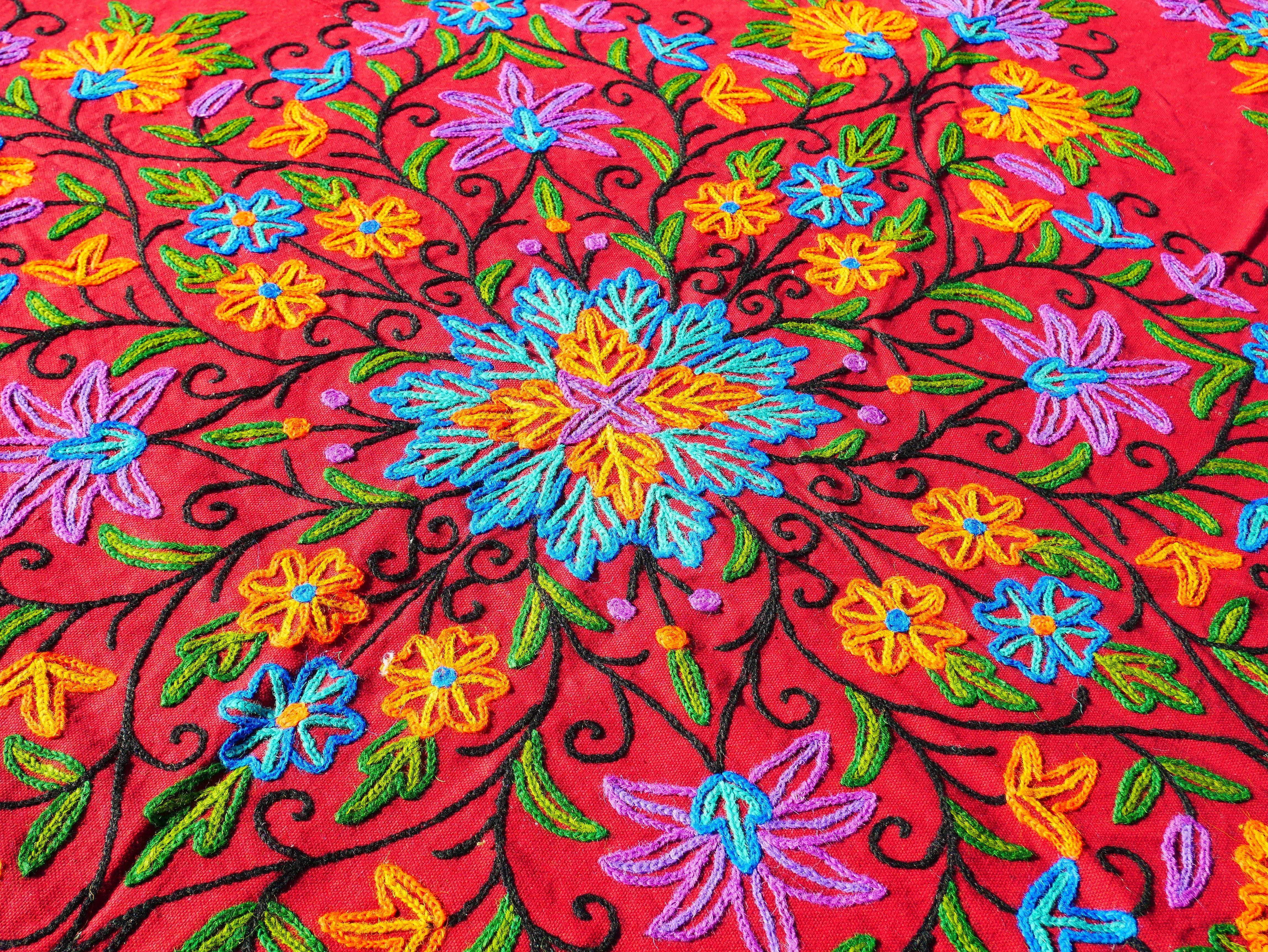 Boho bedding "Shanti Garden" luxury bed cover - hand embroidered queen bedspread - red cotton, floral embroidery -  bohemian throw - The Shanti Home