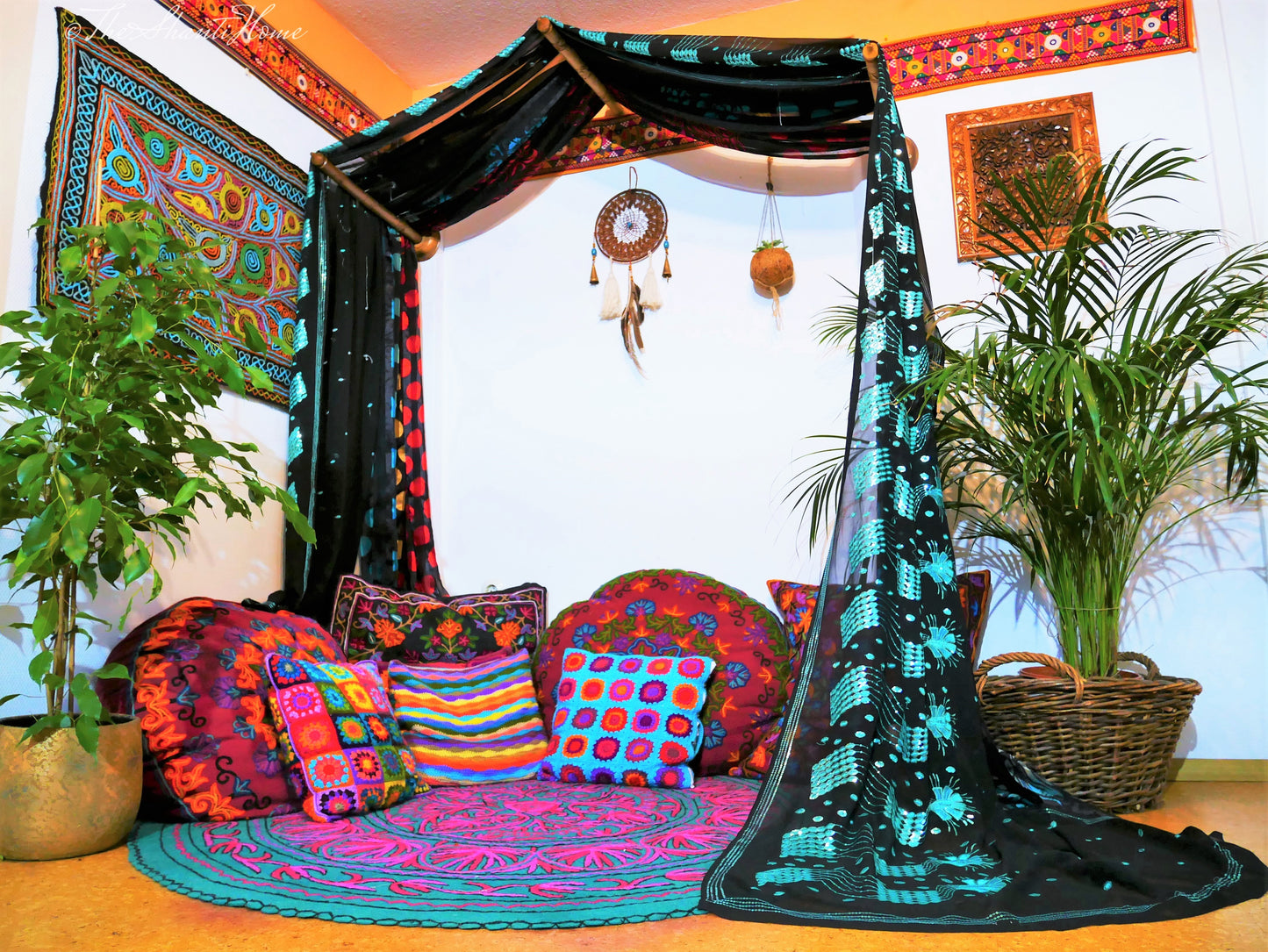 Saree Bed canopy - with handcrafted walnut wood rods and vintage Indian sarees