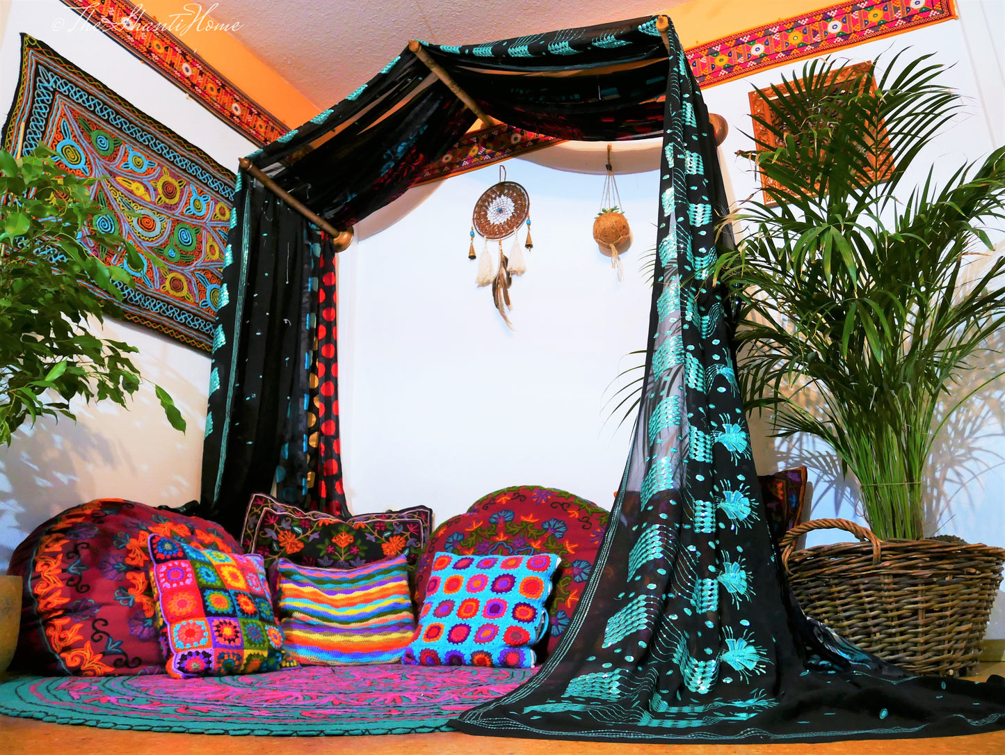 Saree Bed canopy - with handcrafted walnut wood rods and vintage Indian sarees