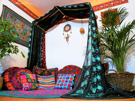 Saree Bed canopy - with handcrafted walnut wood rods and vintage Indian sarees