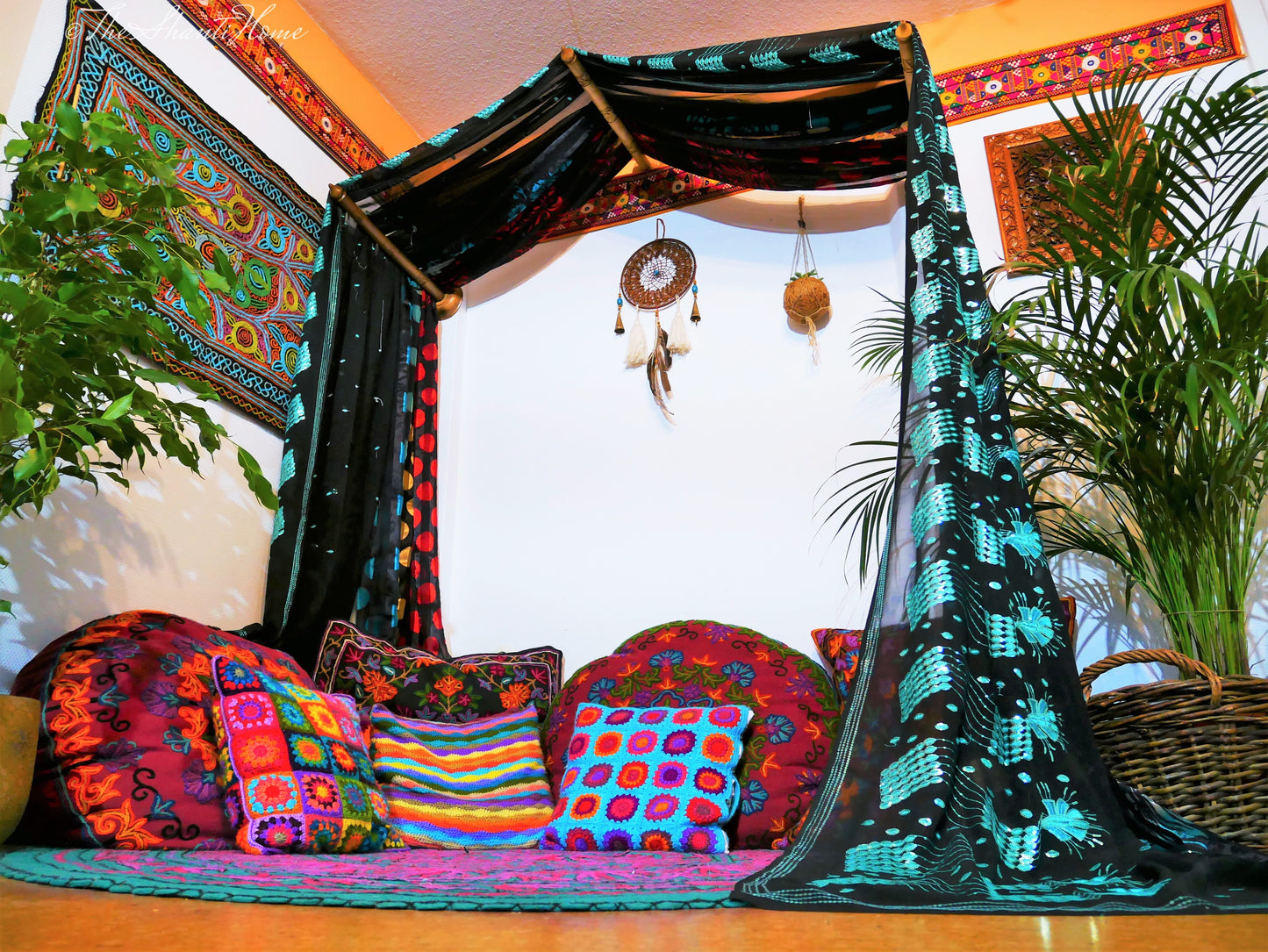 Saree Bed canopy - with handcrafted walnut wood rods and vintage Indian sarees