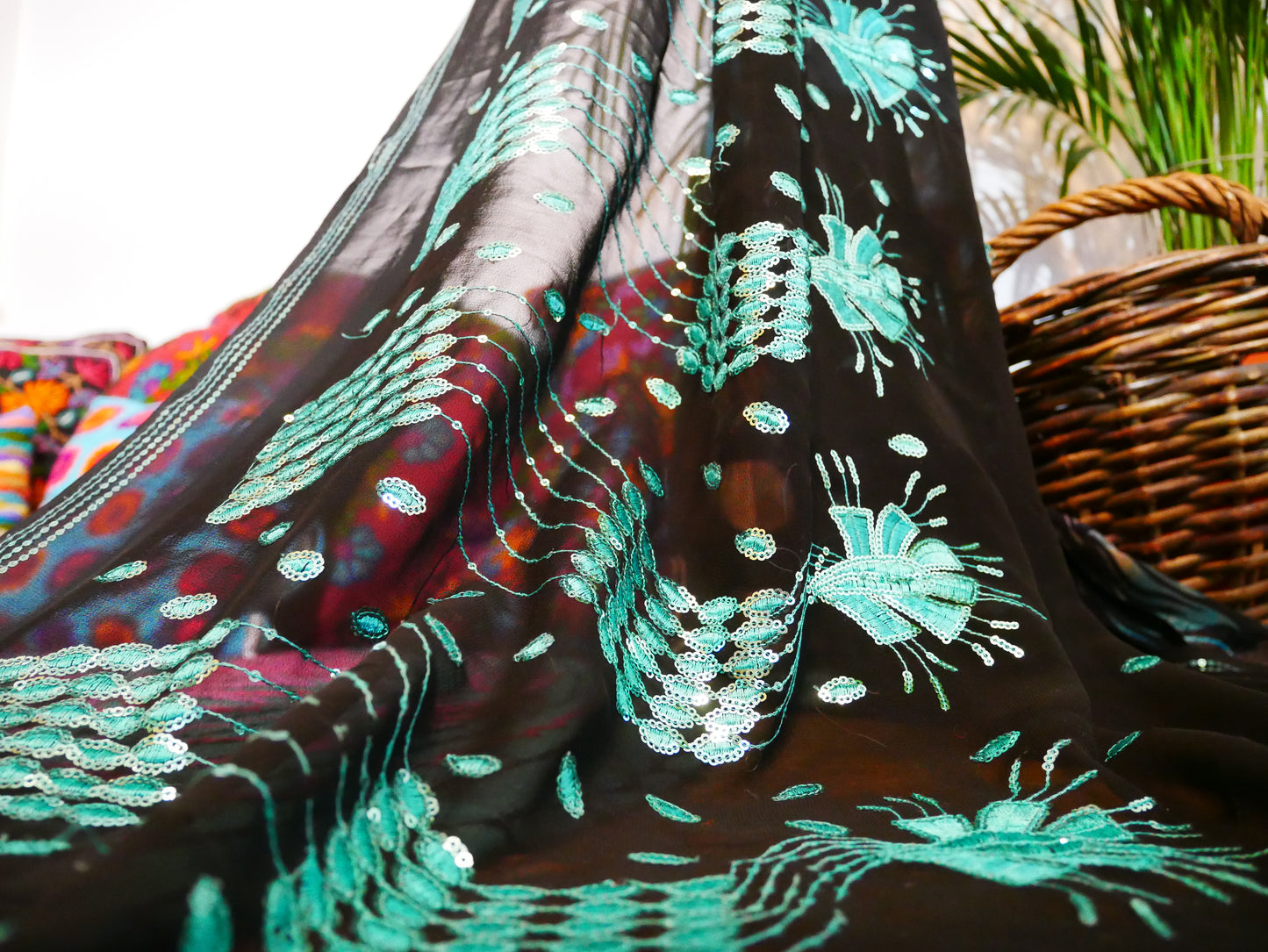 Saree Bed canopy - with handcrafted walnut wood rods and vintage Indian sarees