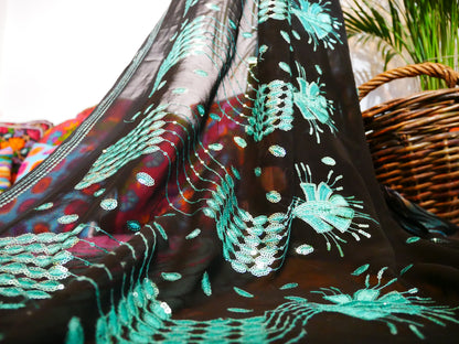 Saree Bed canopy - with handcrafted walnut wood rods and vintage Indian sarees