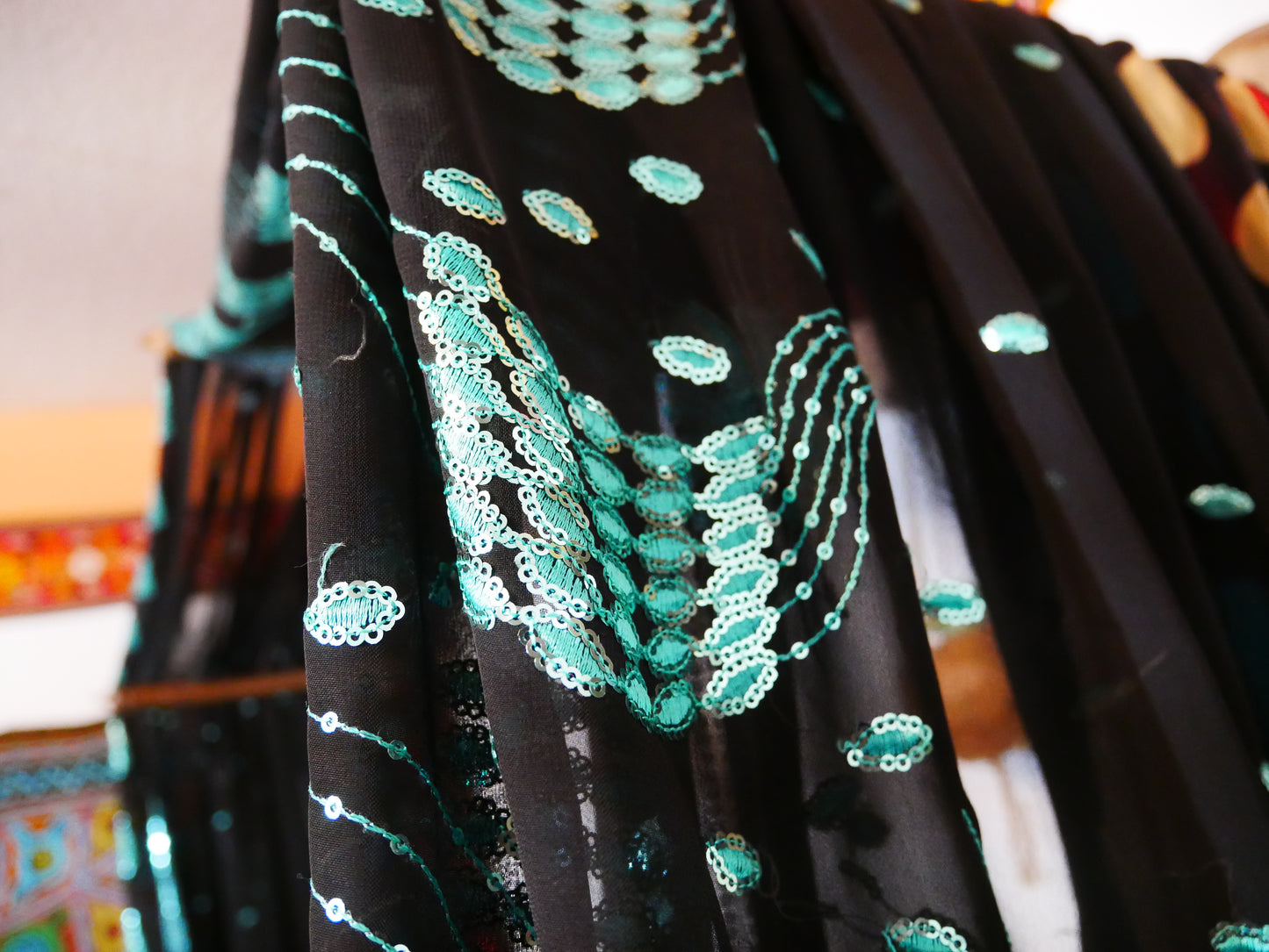 Saree Bed canopy - with handcrafted walnut wood rods and vintage Indian sarees