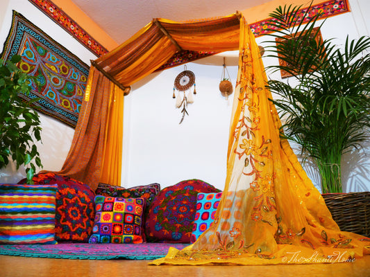 Saree Bed canopy - with handcrafted walnut wood rods and vintage Indian sarees