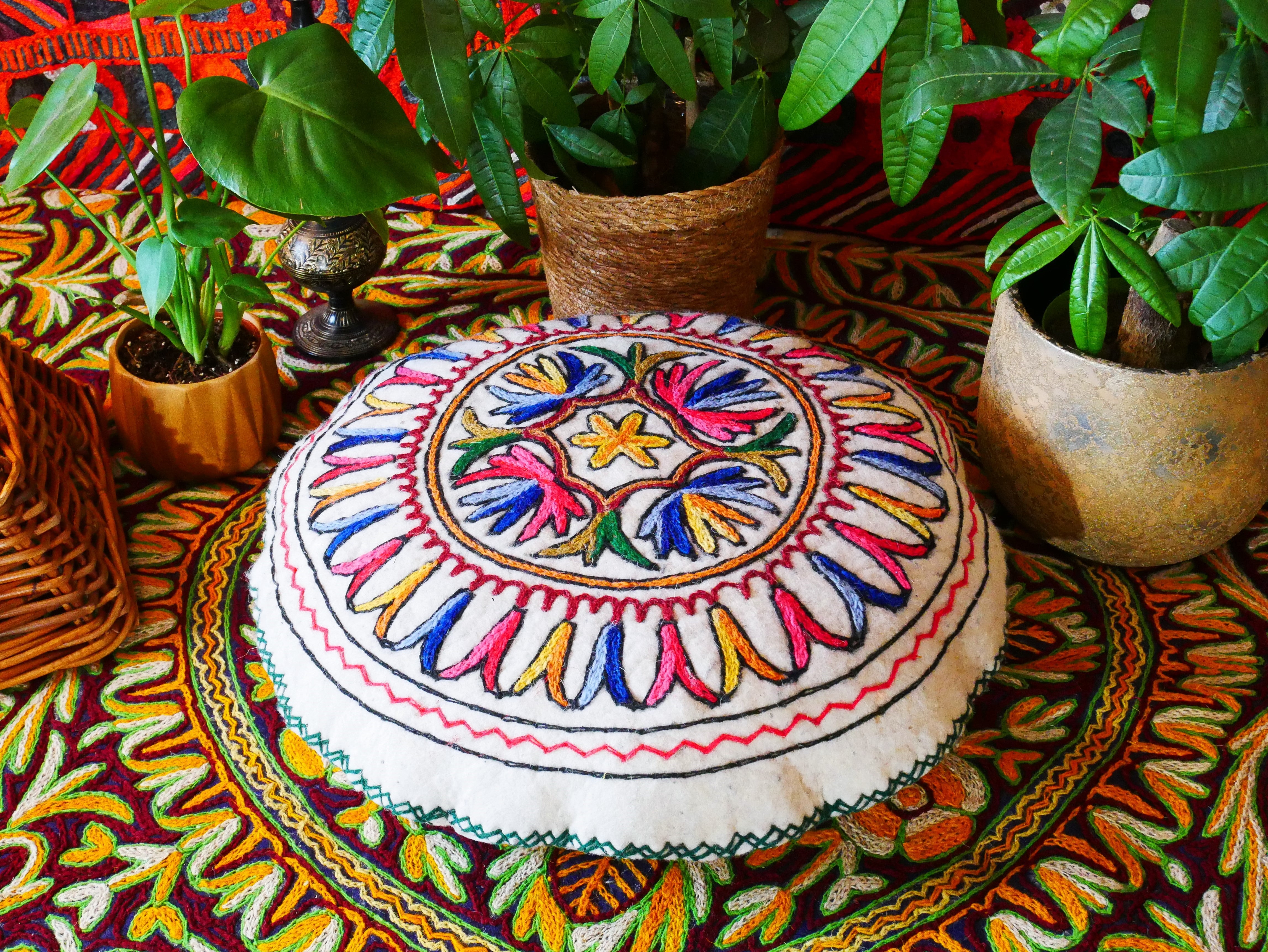 Kashmiri Boho Floor Pillow - Hand Felted Meditation Cushion Cover | Embroidered Floor Pouf | Round Floor Pillow for Bohemian Floor Seating - The Shanti Home