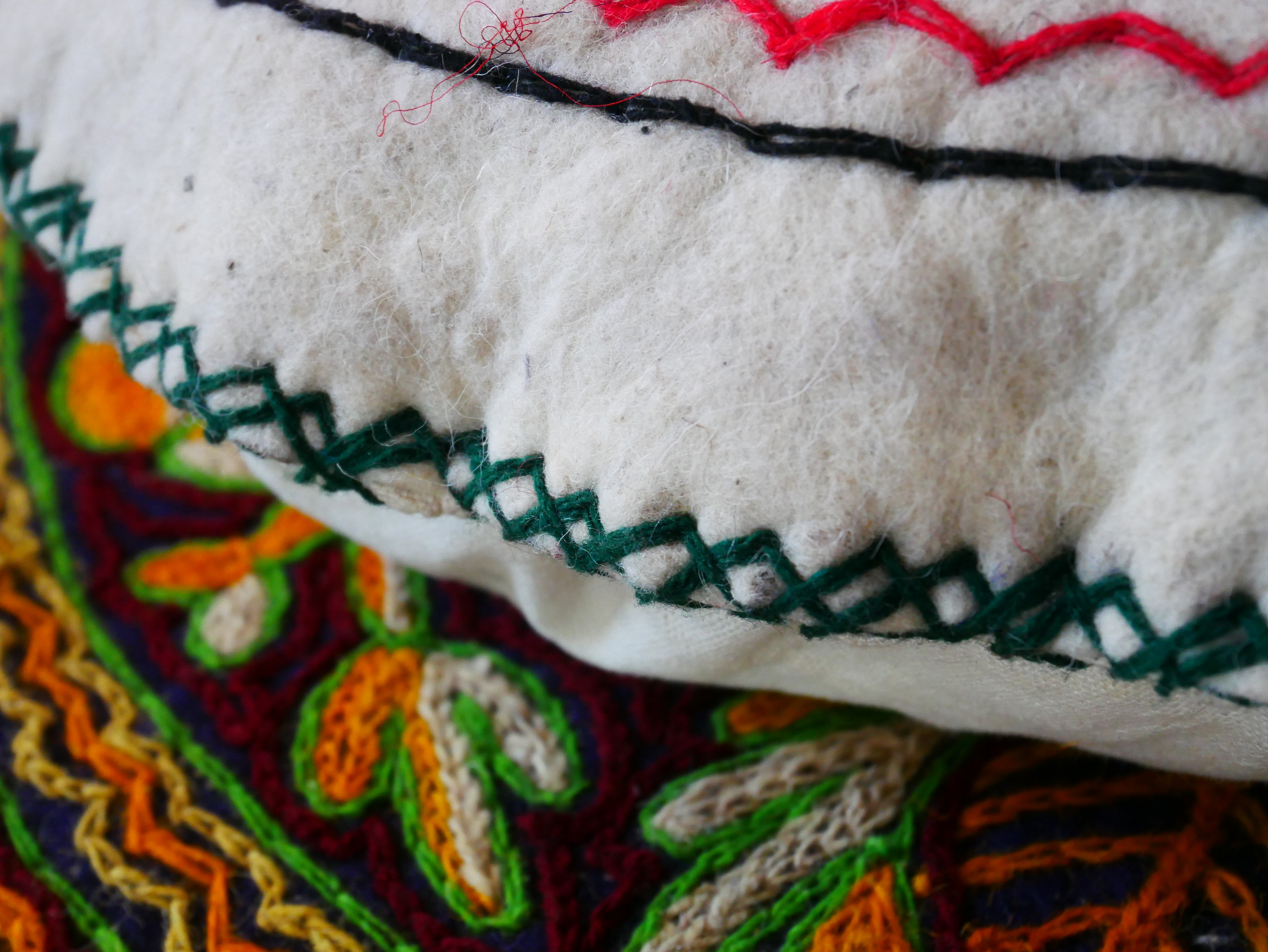 Kashmiri Boho Floor Pillow - Hand Felted Meditation Cushion Cover | Embroidered Floor Pouf | Round Floor Pillow for Bohemian Floor Seating - The Shanti Home