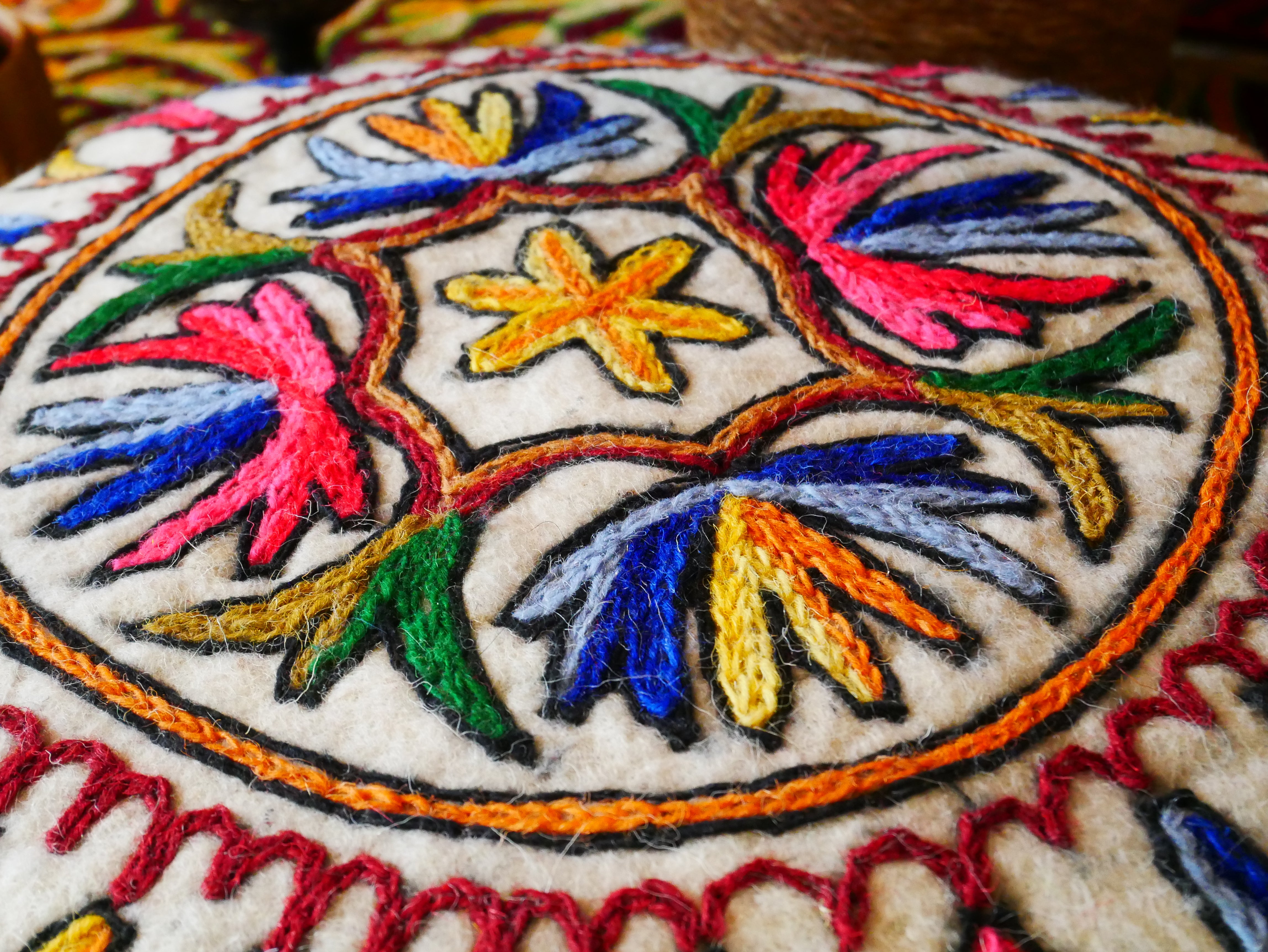 Kashmiri Boho Floor Pillow - Hand Felted Meditation Cushion Cover | Embroidered Floor Pouf | Round Floor Pillow for Bohemian Floor Seating - The Shanti Home
