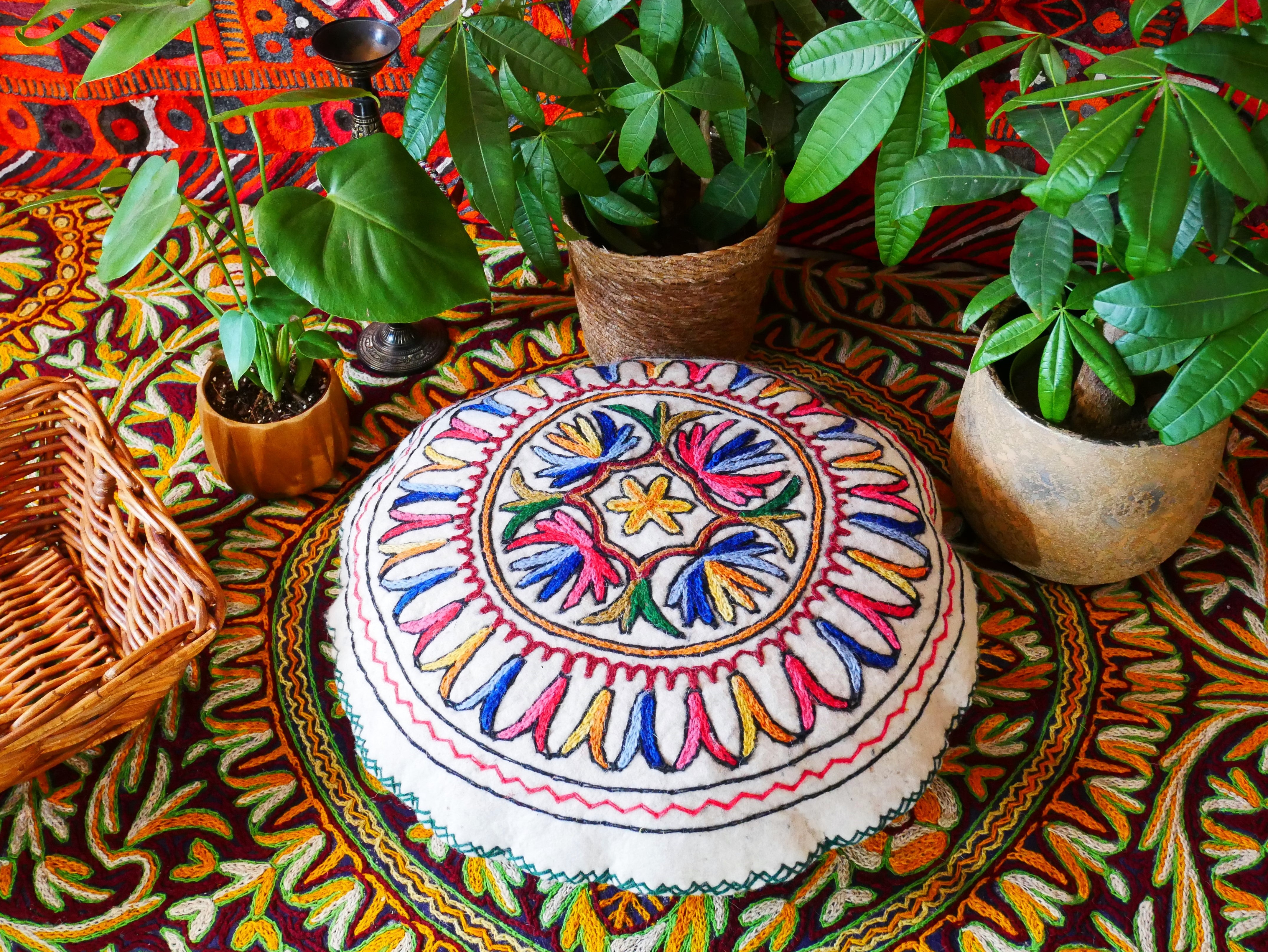 Kashmiri Boho Floor Pillow - Hand Felted Meditation Cushion Cover | Embroidered Floor Pouf | Round Floor Pillow for Bohemian Floor Seating - The Shanti Home