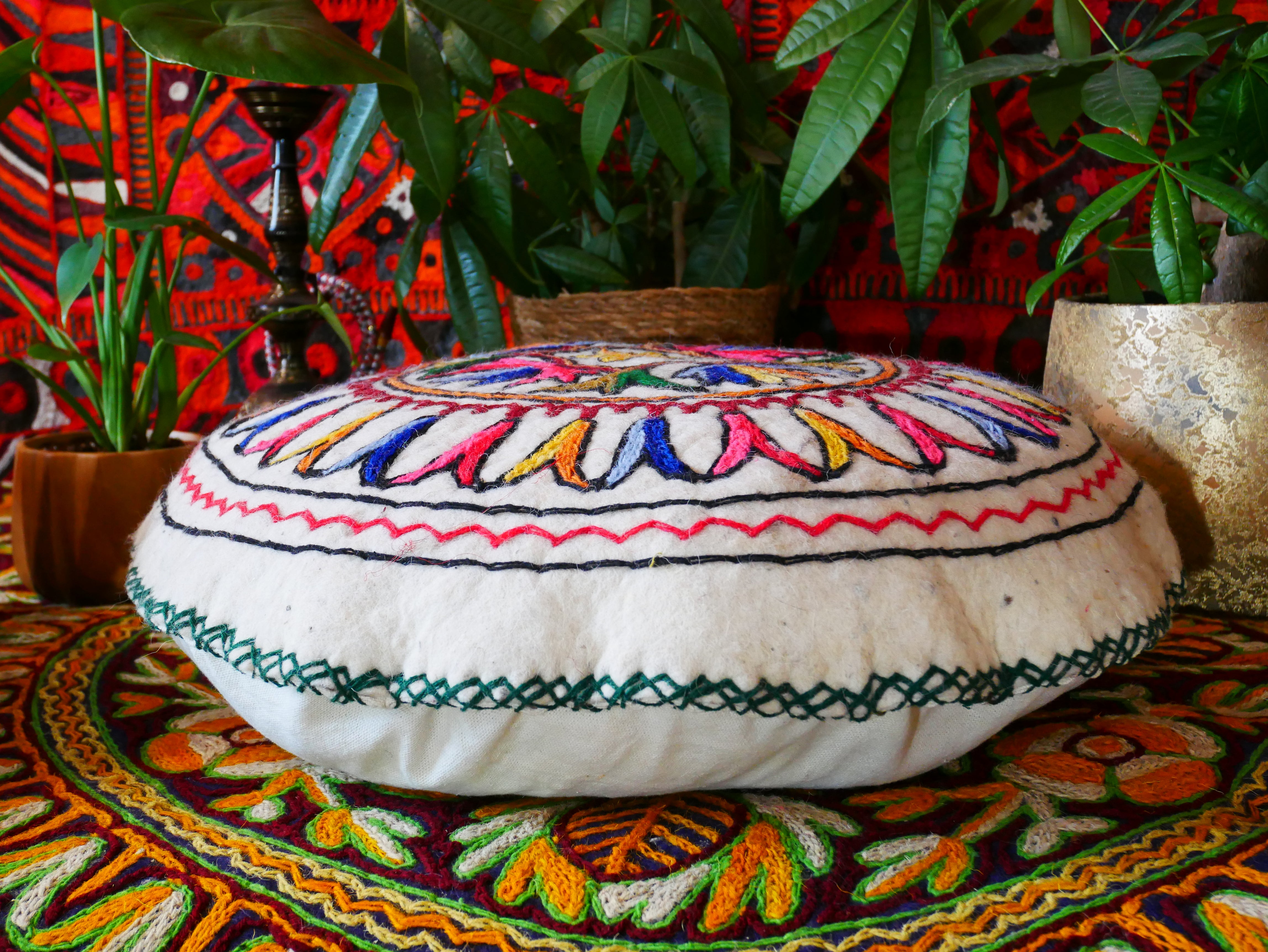 Kashmiri Boho Floor Pillow - Hand Felted Meditation Cushion Cover | Embroidered Floor Pouf | Round Floor Pillow for Bohemian Floor Seating - The Shanti Home