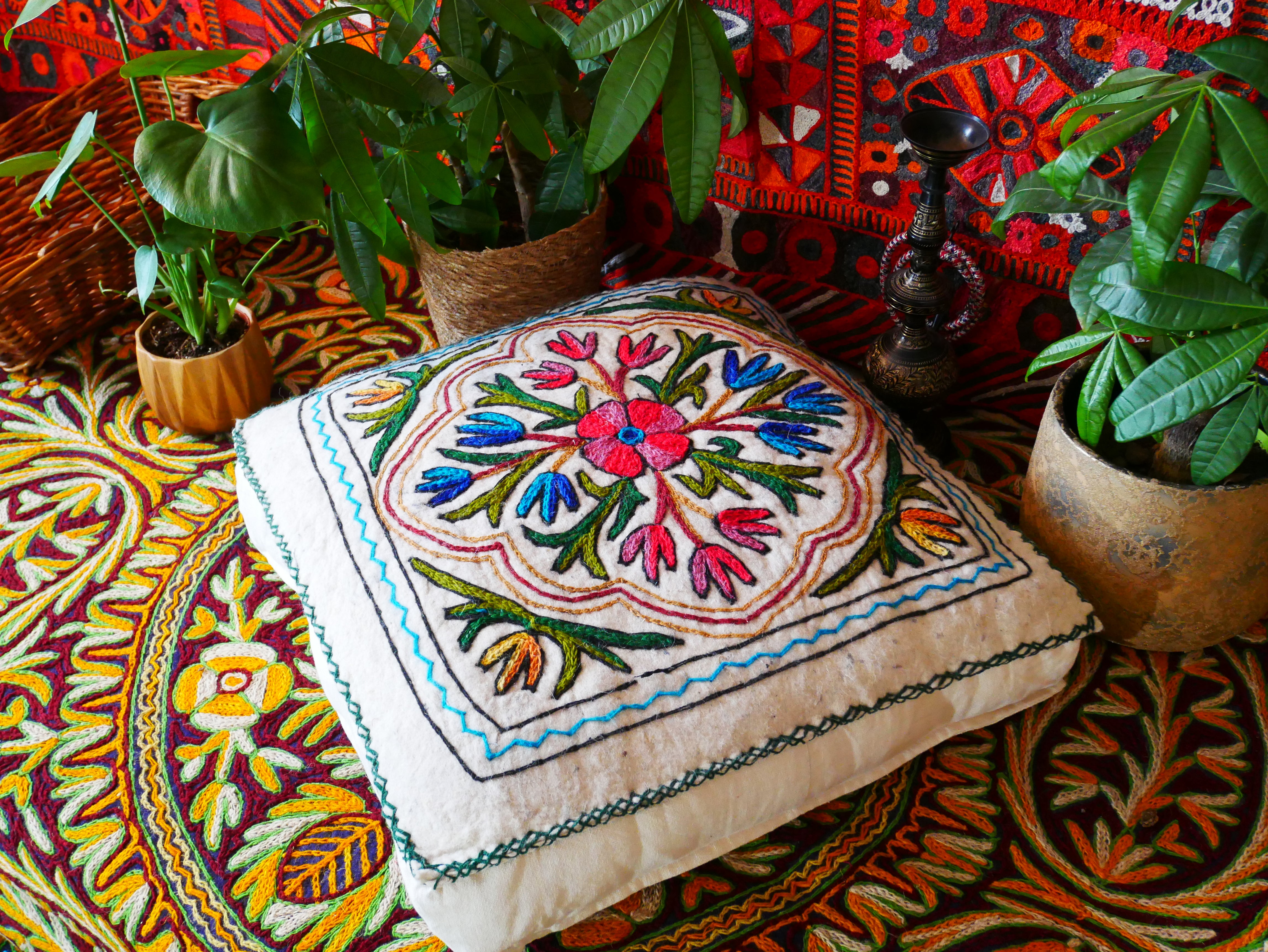 Kashmiri Floor Pillow  Hand Felted Meditation Cushion Cover | Embroidered Floor Pouf | Square Floor Pillow for Bohemian Floor Seating - The Shanti Home