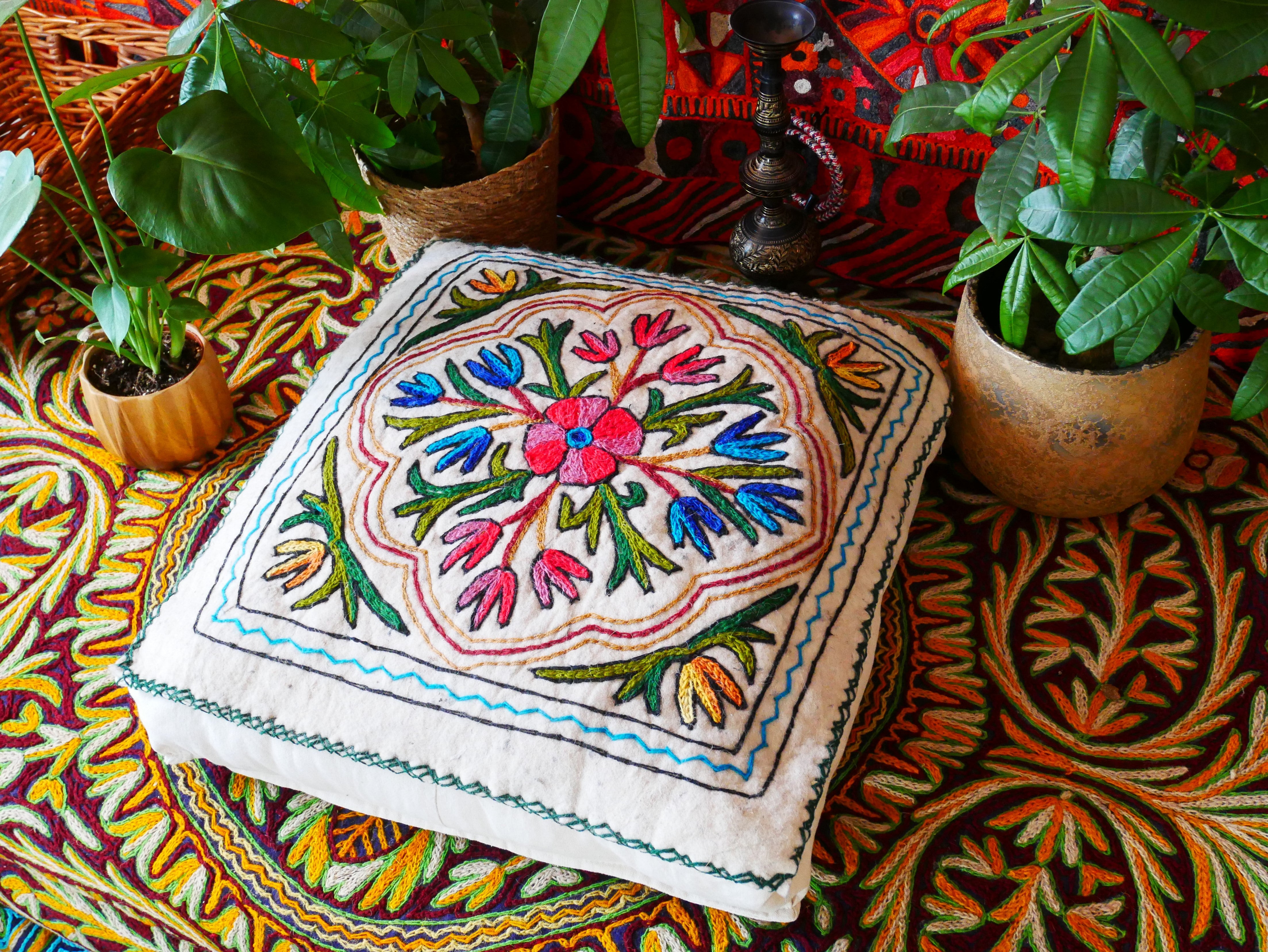 Kashmiri Floor Pillow  Hand Felted Meditation Cushion Cover | Embroidered Floor Pouf | Square Floor Pillow for Bohemian Floor Seating - The Shanti Home