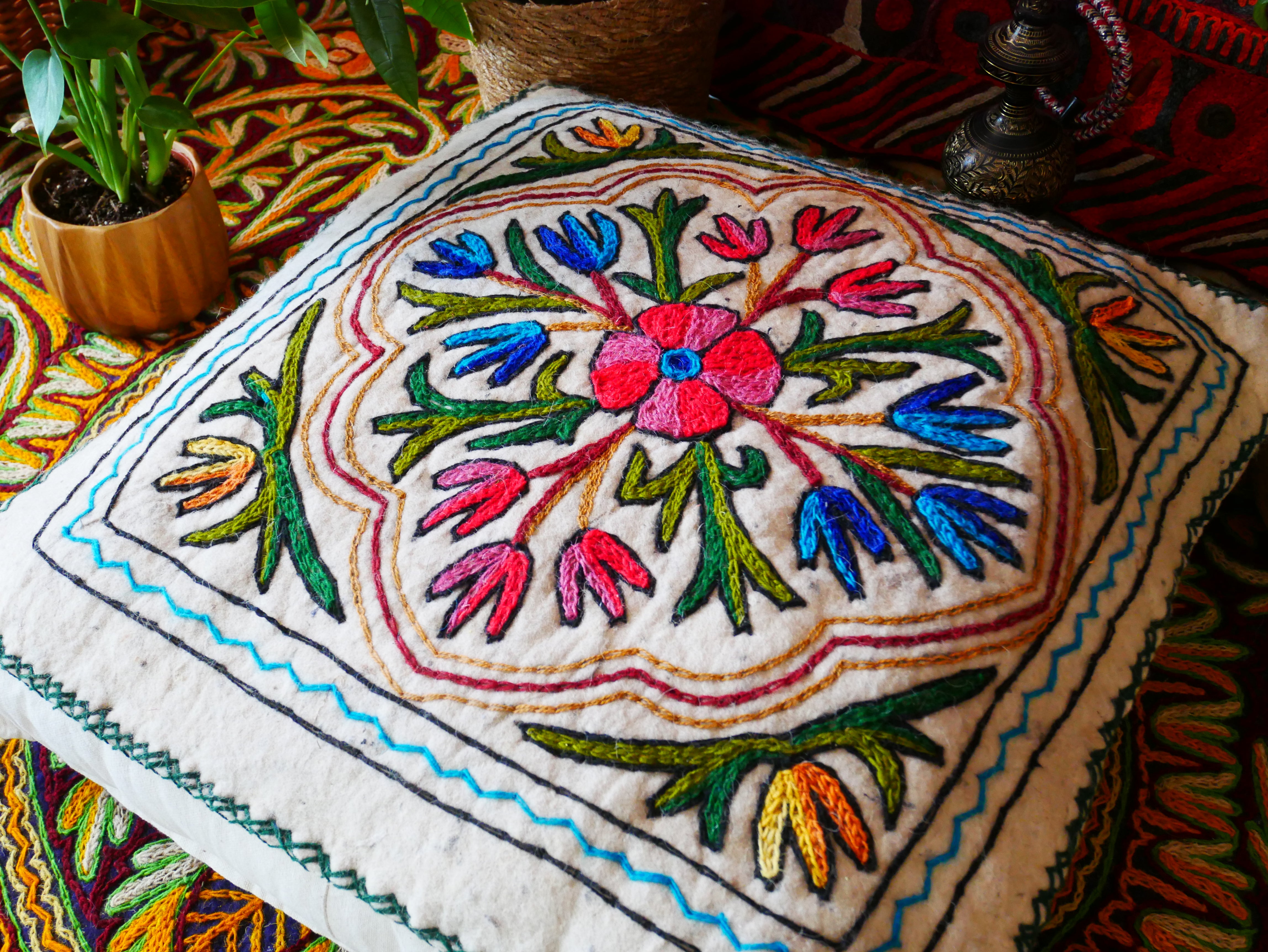 Kashmiri Floor Pillow  Hand Felted Meditation Cushion Cover | Embroidered Floor Pouf | Square Floor Pillow for Bohemian Floor Seating - The Shanti Home