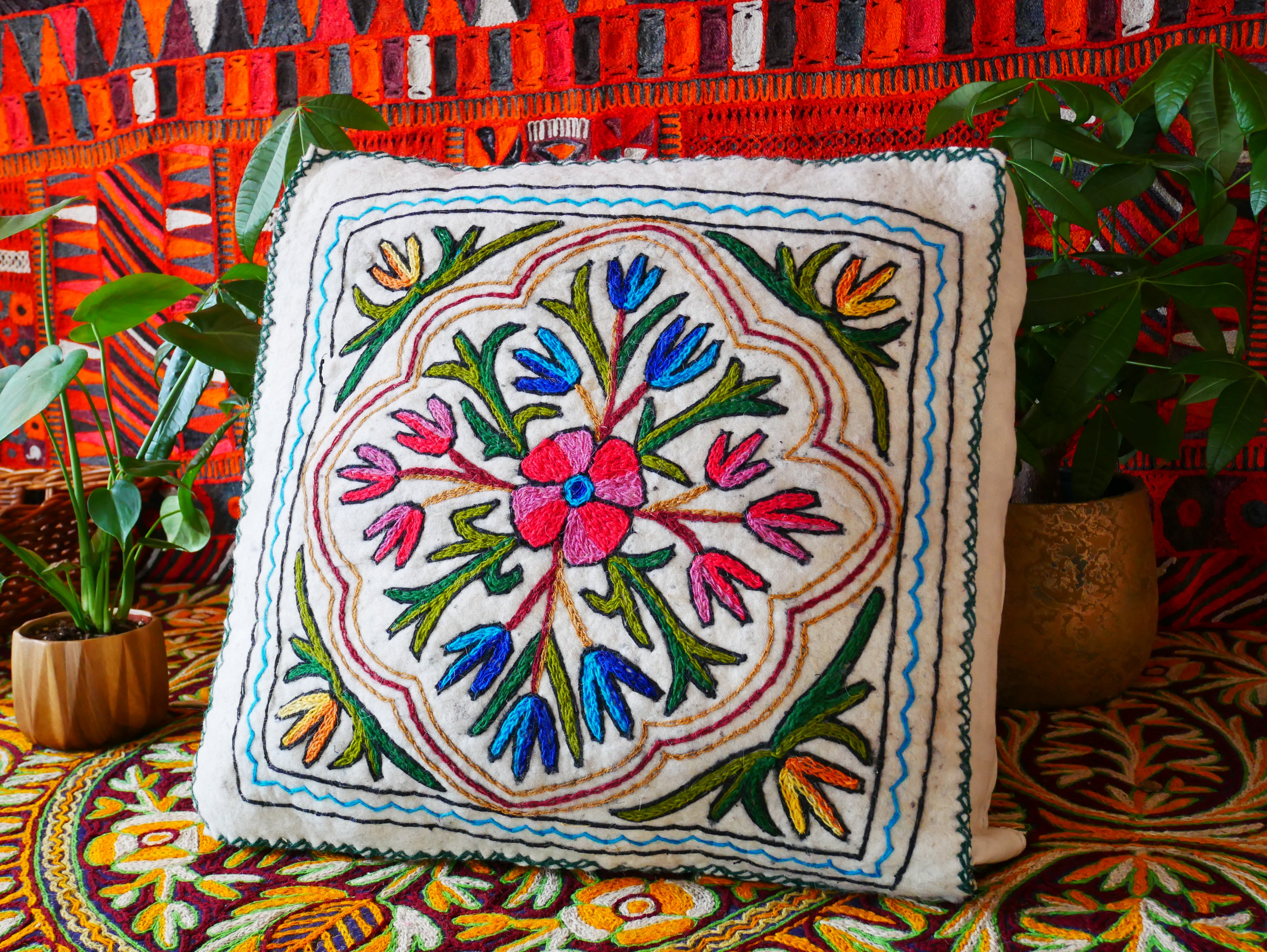 Kashmiri Floor Pillow  Hand Felted Meditation Cushion Cover | Embroidered Floor Pouf | Square Floor Pillow for Bohemian Floor Seating - The Shanti Home