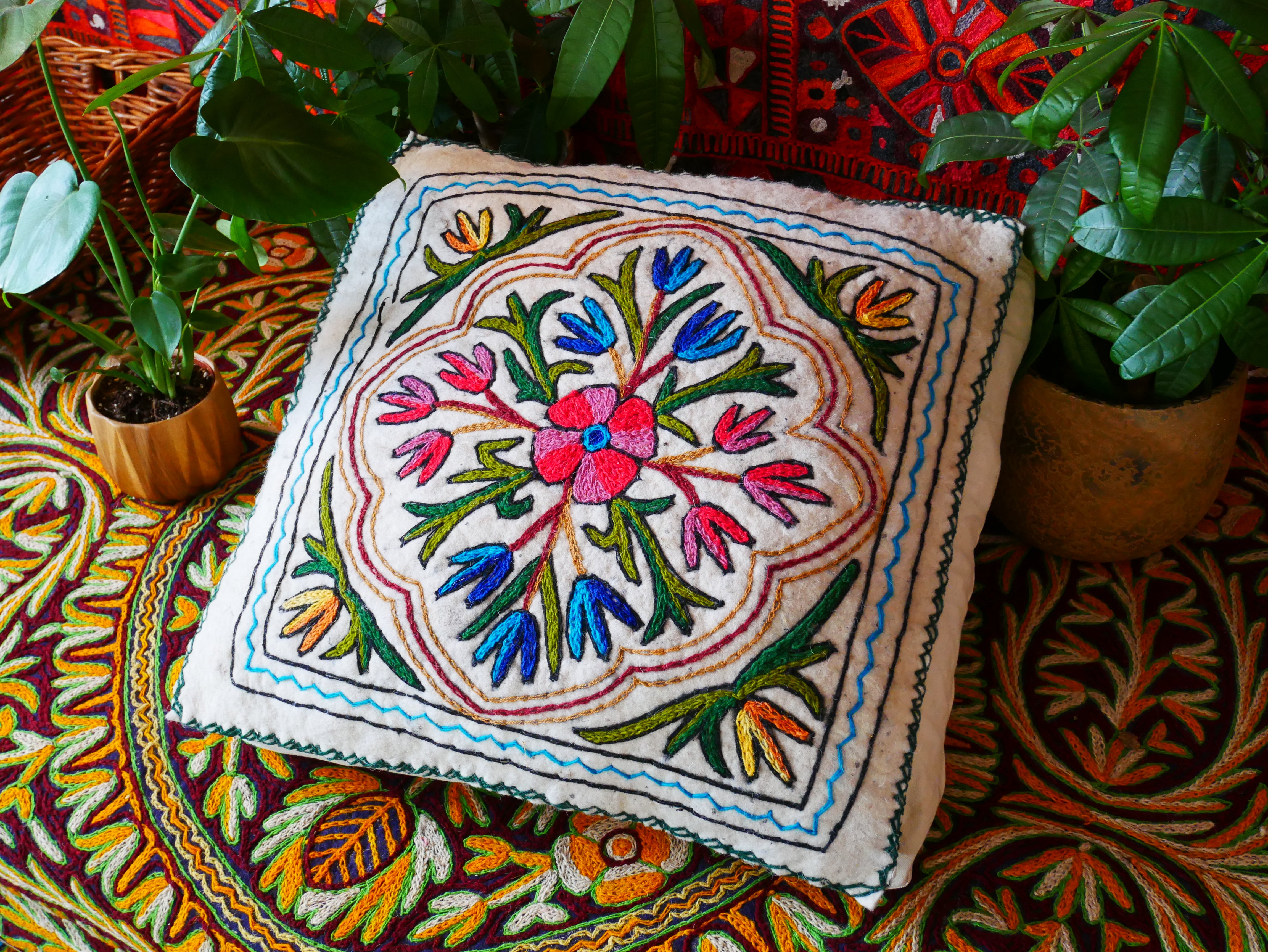Kashmiri Floor Pillow  Hand Felted Meditation Cushion Cover | Embroidered Floor Pouf | Square Floor Pillow for Bohemian Floor Seating - The Shanti Home