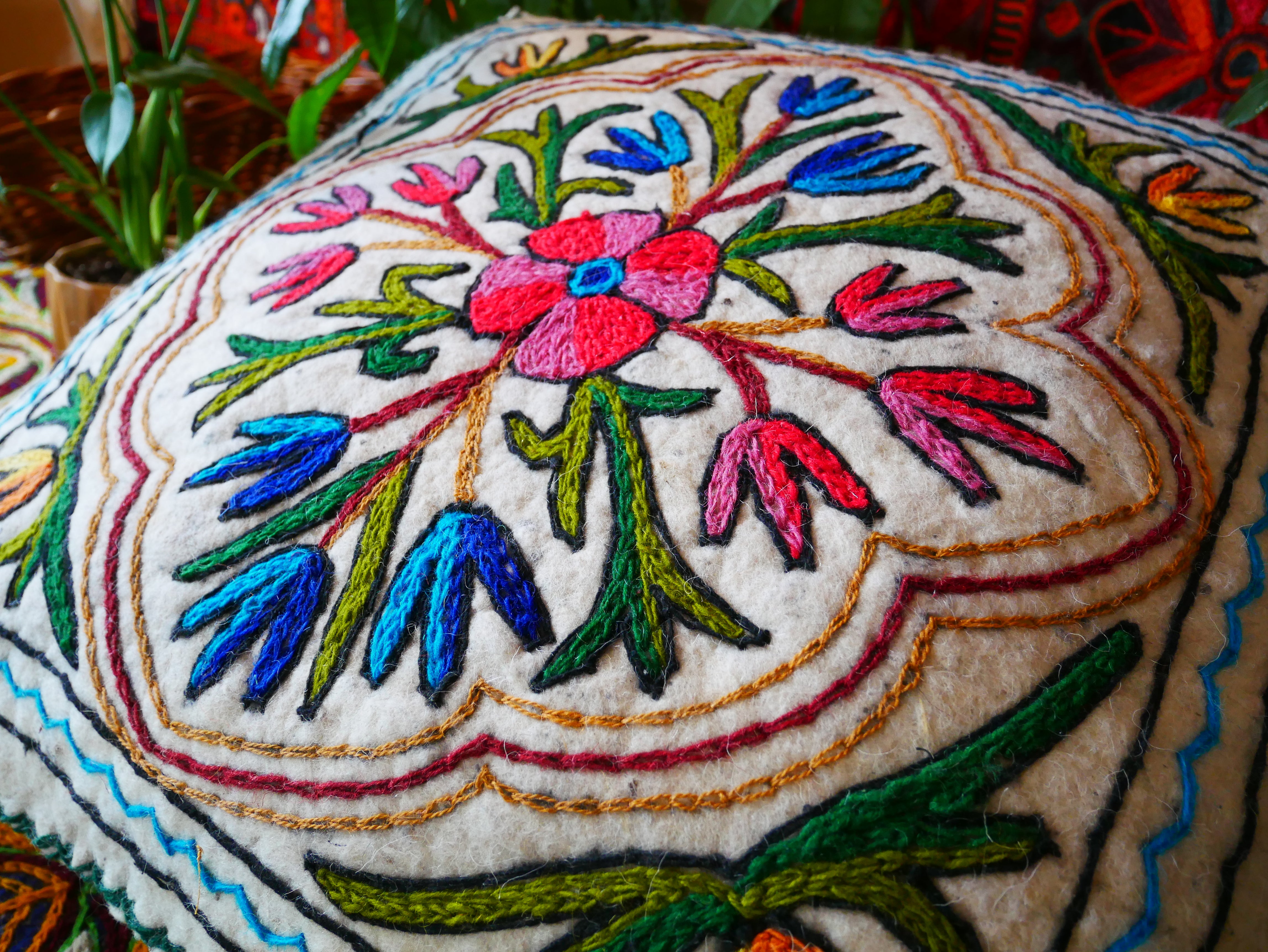 Kashmiri Floor Pillow  Hand Felted Meditation Cushion Cover | Embroidered Floor Pouf | Square Floor Pillow for Bohemian Floor Seating - The Shanti Home