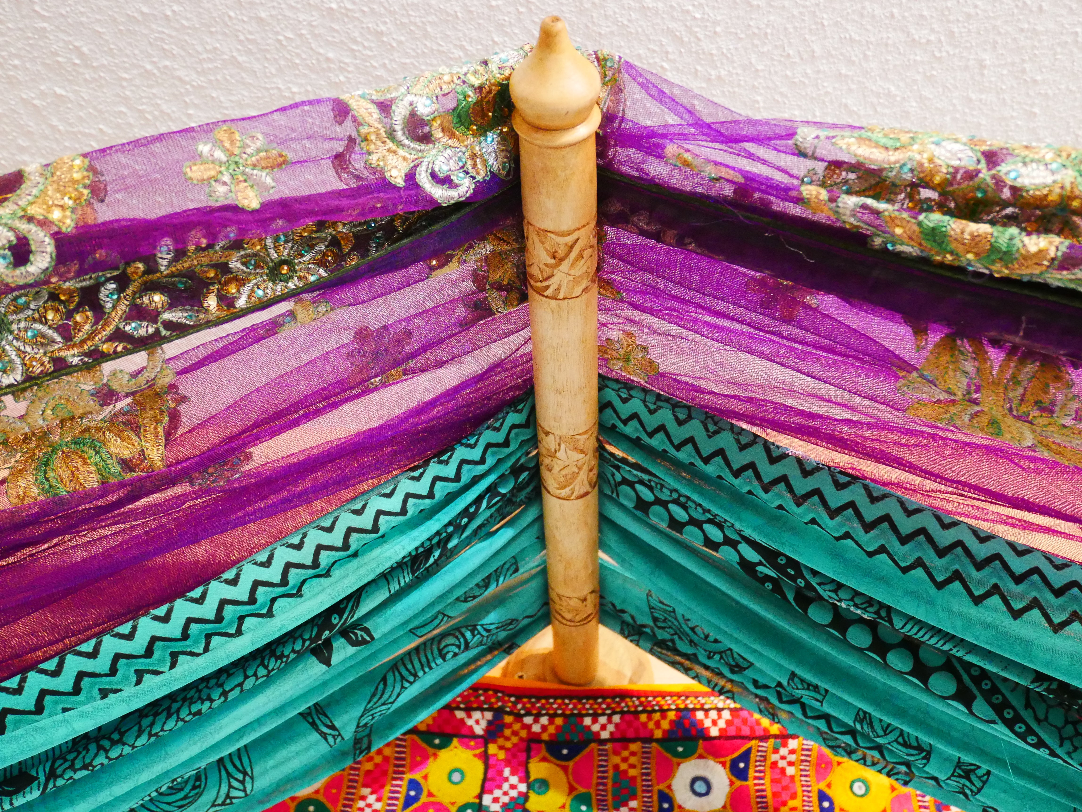 Boho bed canopy - custom made saree canopy frame with handcrafted walnut wood rods | bed curtains - meditation space - The Shanti Home