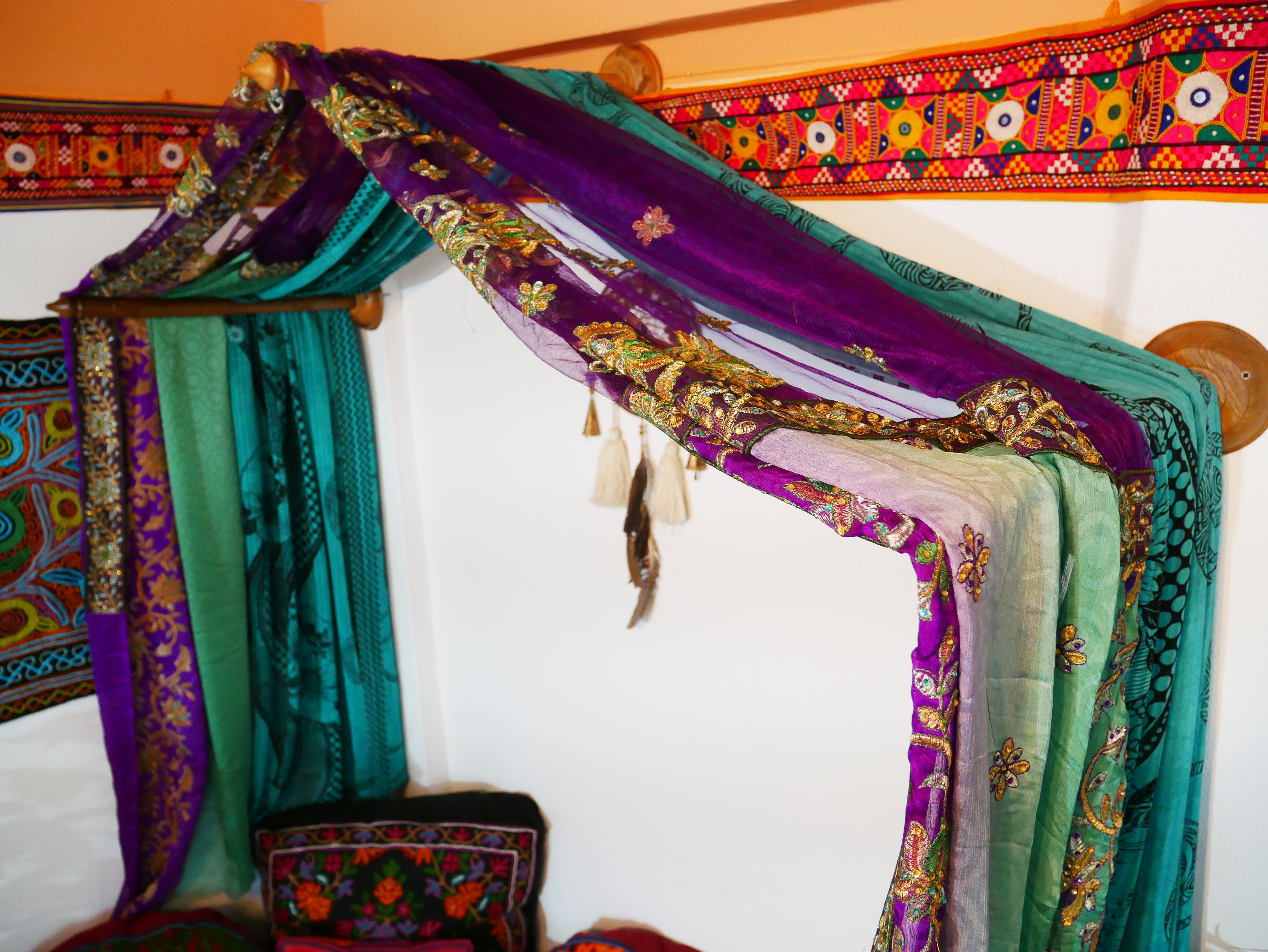 Boho bed canopy - custom made saree canopy frame with handcrafted walnut wood rods | bed curtains - meditation space - The Shanti Home