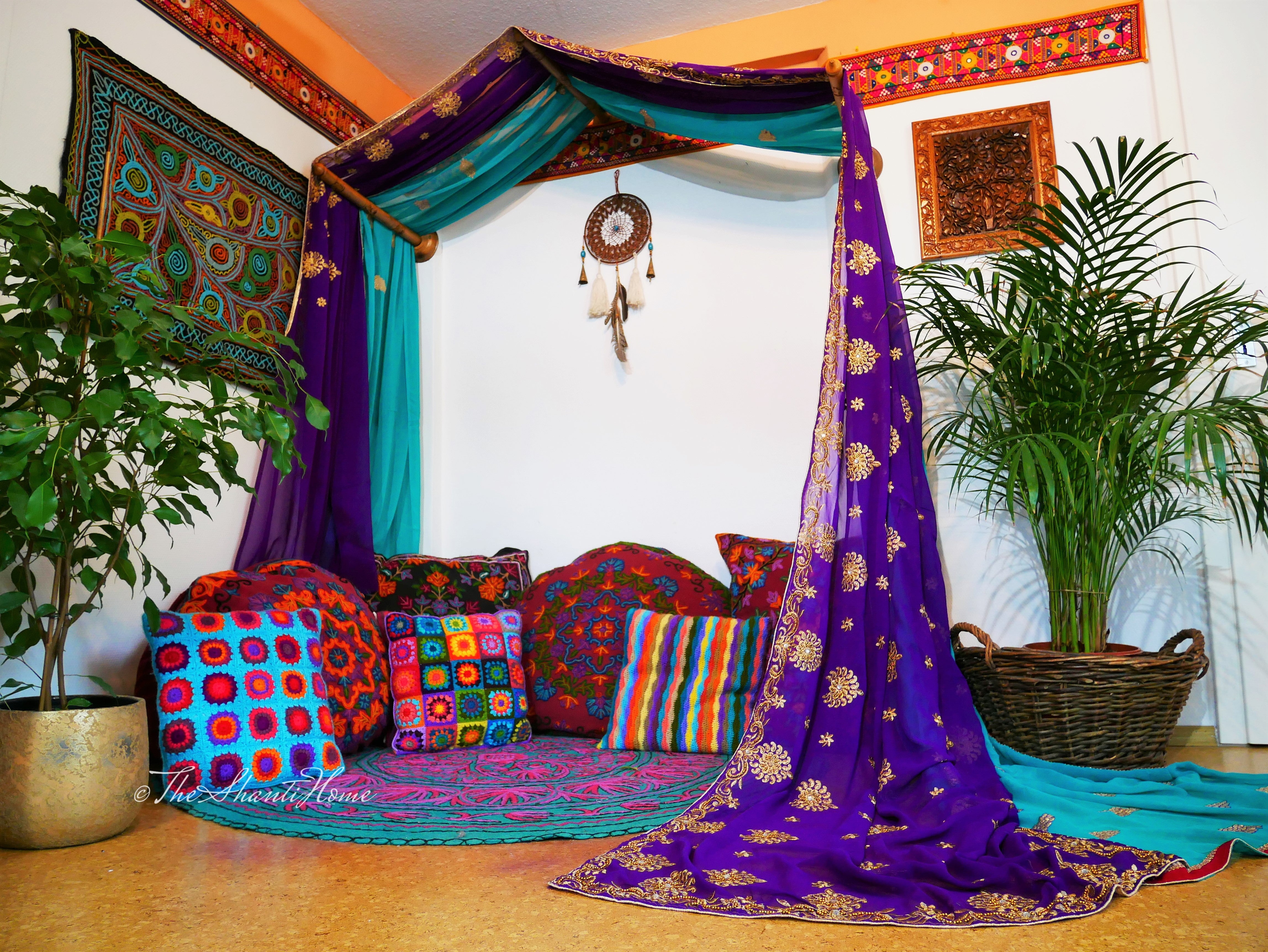 Dosel de cama de princesa - dosel de sari hecho a medida con varillas de madera de nogal hechas a mano | cortinas de cama - espacio de meditación